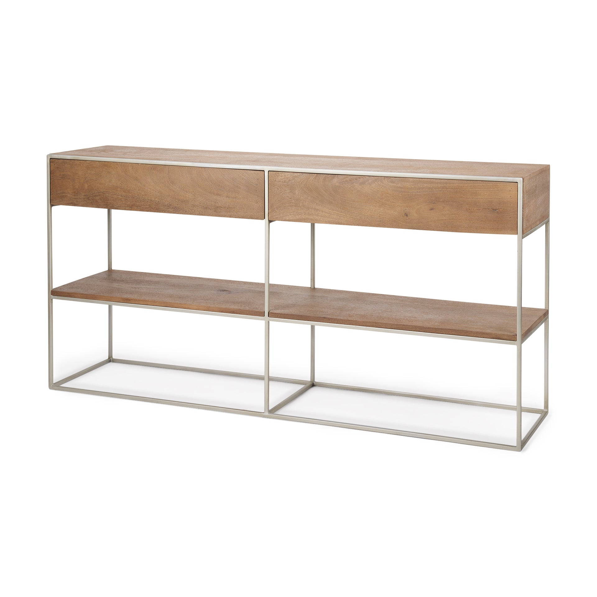 Morris I 63L x 15W x 31H Brown Wood w/ Silver Metal Frame 2 Drawer Console Table