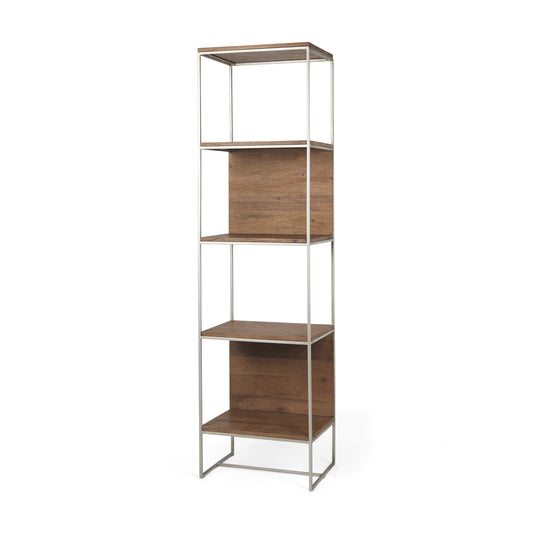 Morris II 19.75 x 15 x 72.5 Brown Wood and Silver Metal Frame 4 Shelf Shelving Unit