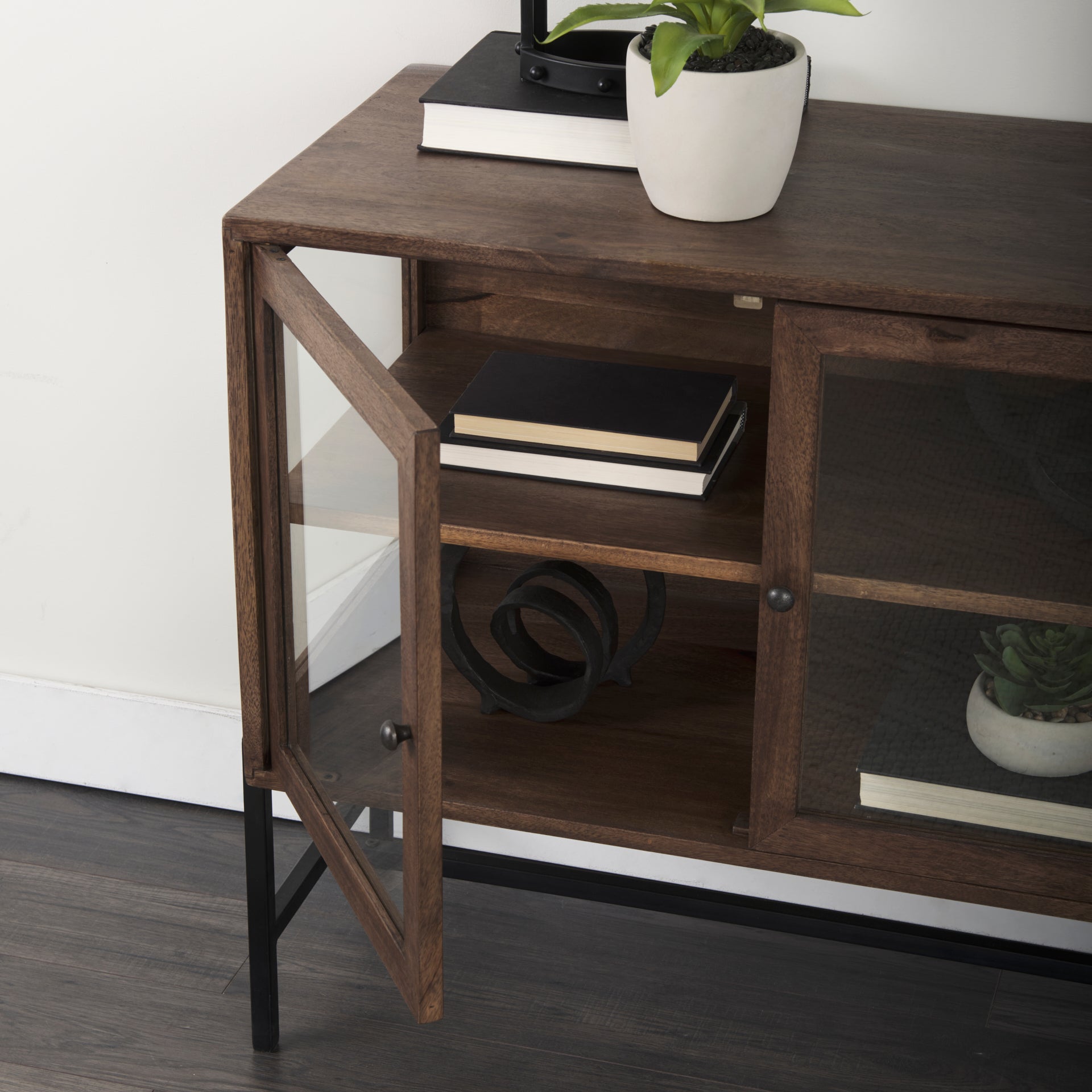 Arelius Accent Cabinet Medium Brown Wood | Black Metal - acc-chest-cabinets