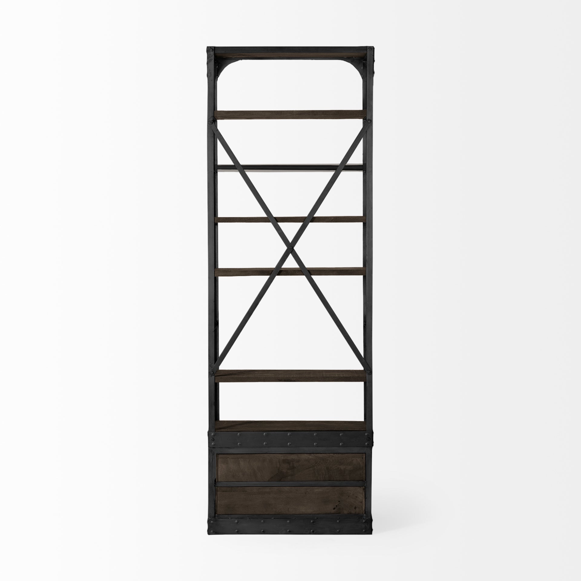 Brodie VII 32L x 22W x 94H Brown Wood Gun-Metal Bracing Four Shelf Shelving Unit