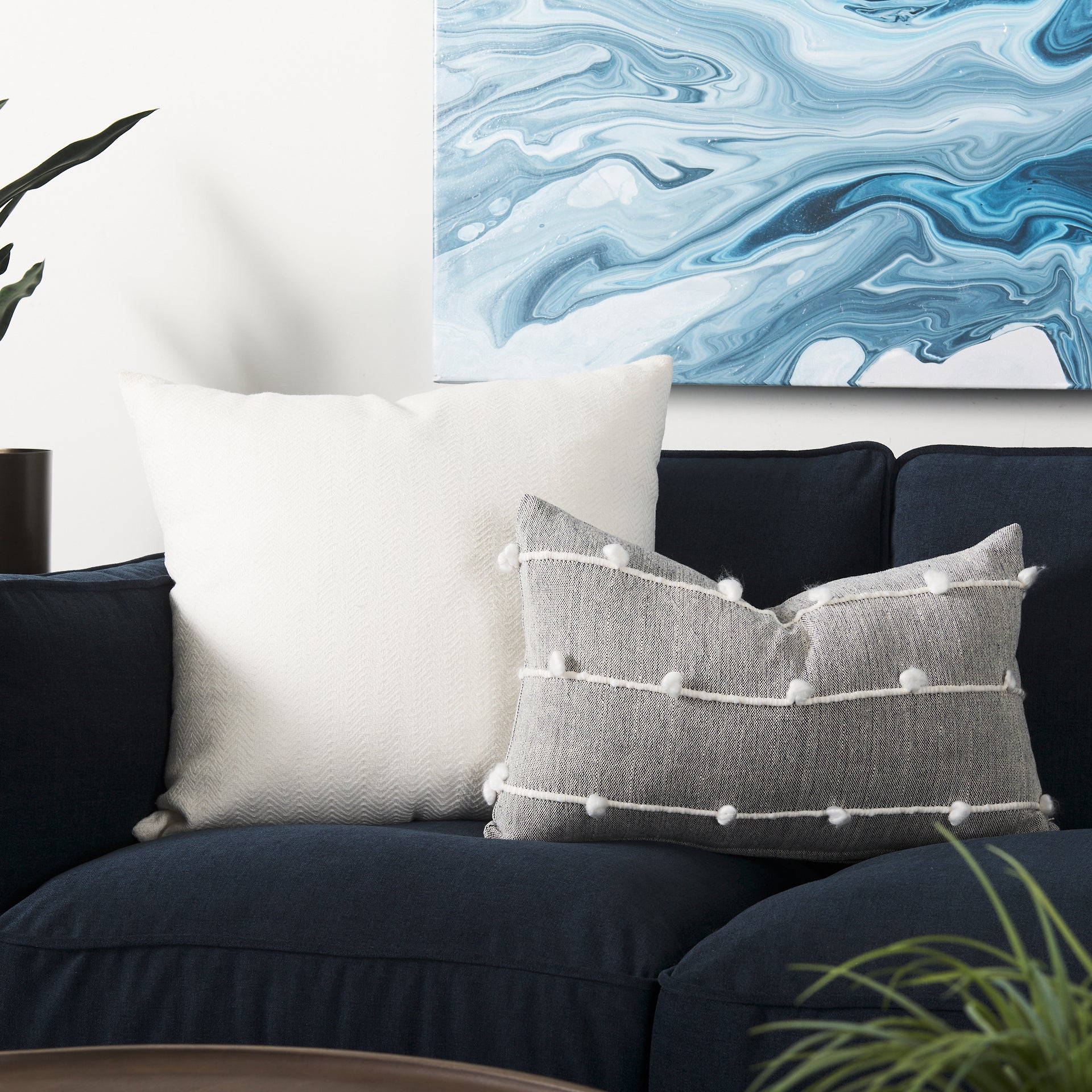 Linda 13x21 Navy And Cream With White Detail Pillow Cover