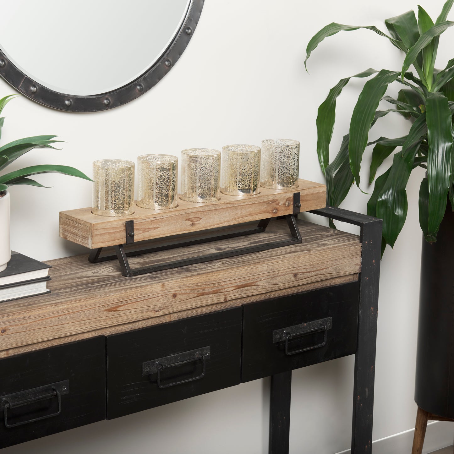 Benk Wood and Black Metal Five Cup Candle Holder