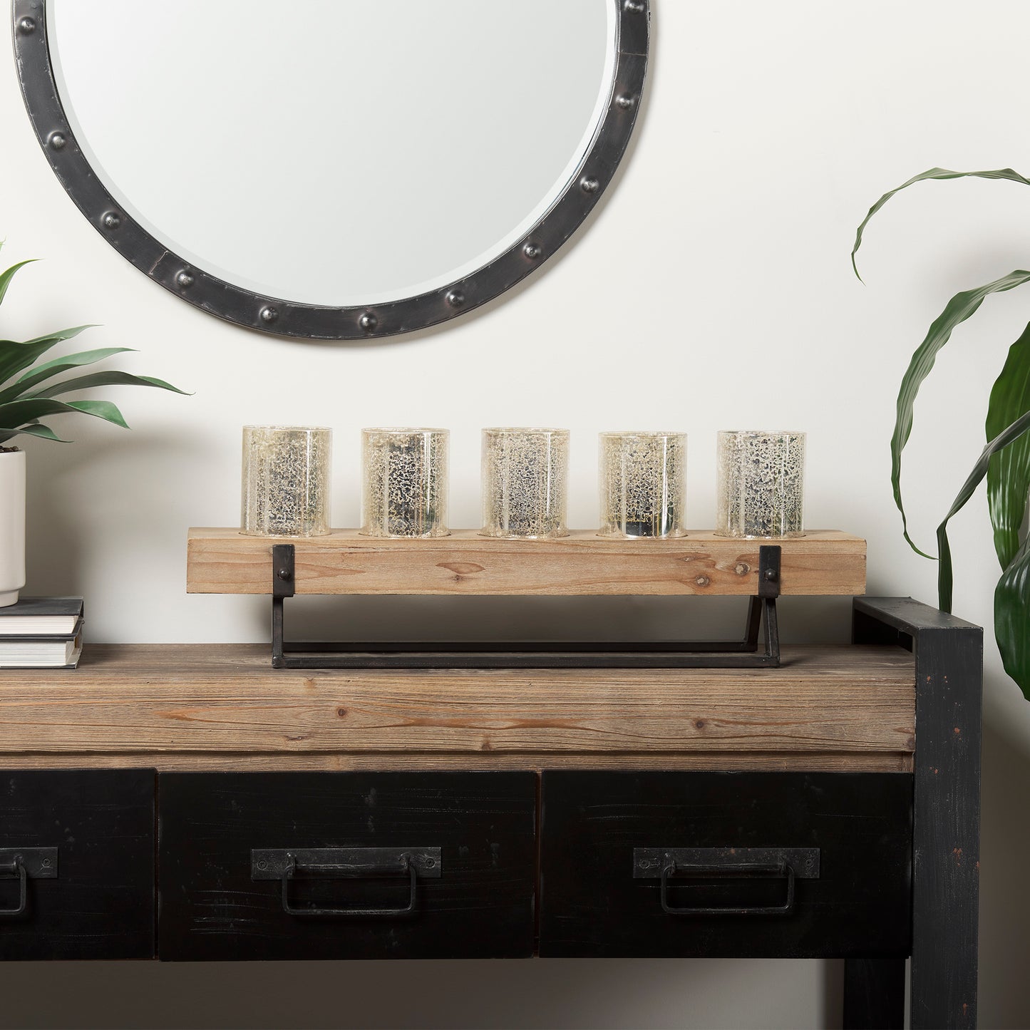 Benk Wood and Black Metal Five Cup Candle Holder