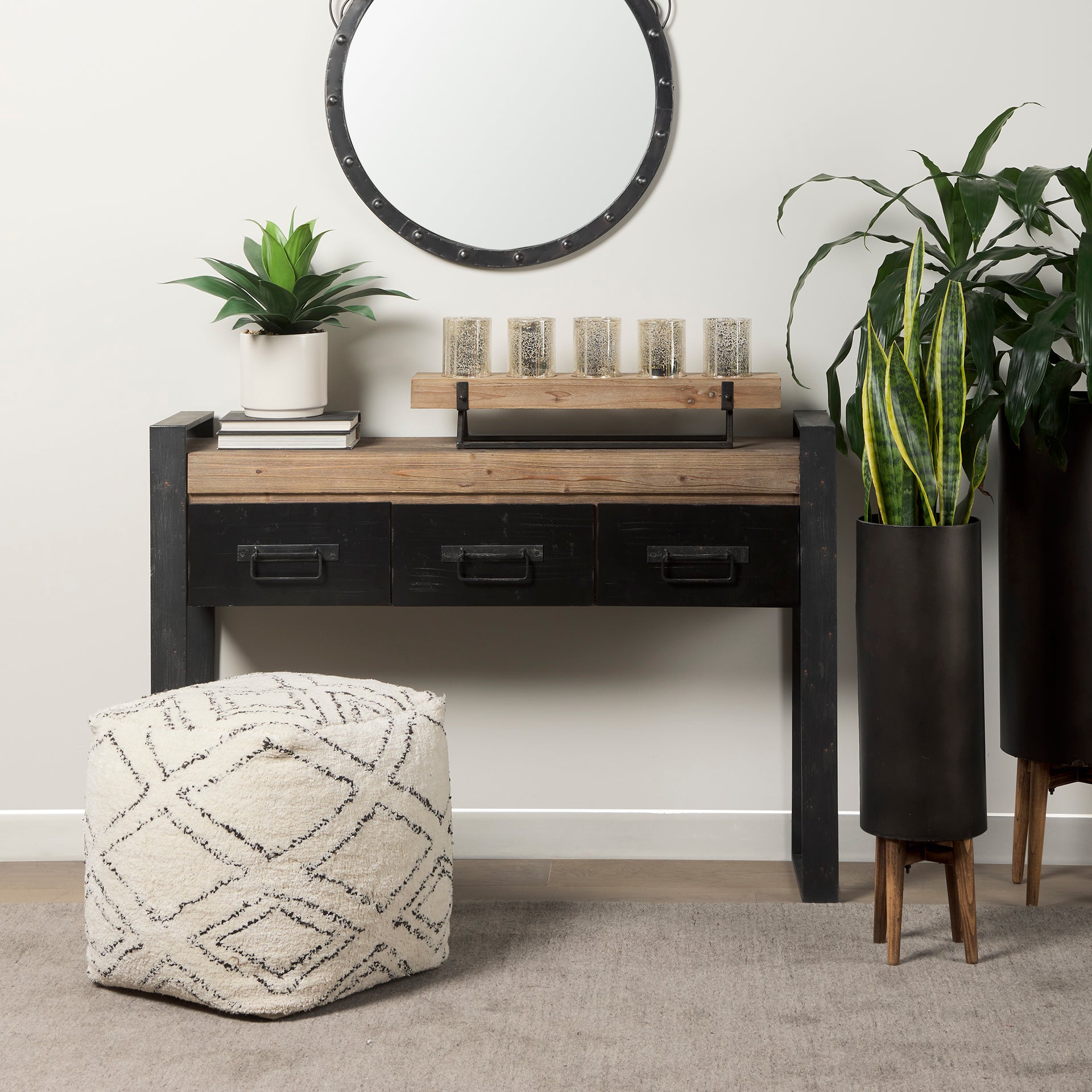 Benk Wood and Black Metal Five Cup Candle Holder