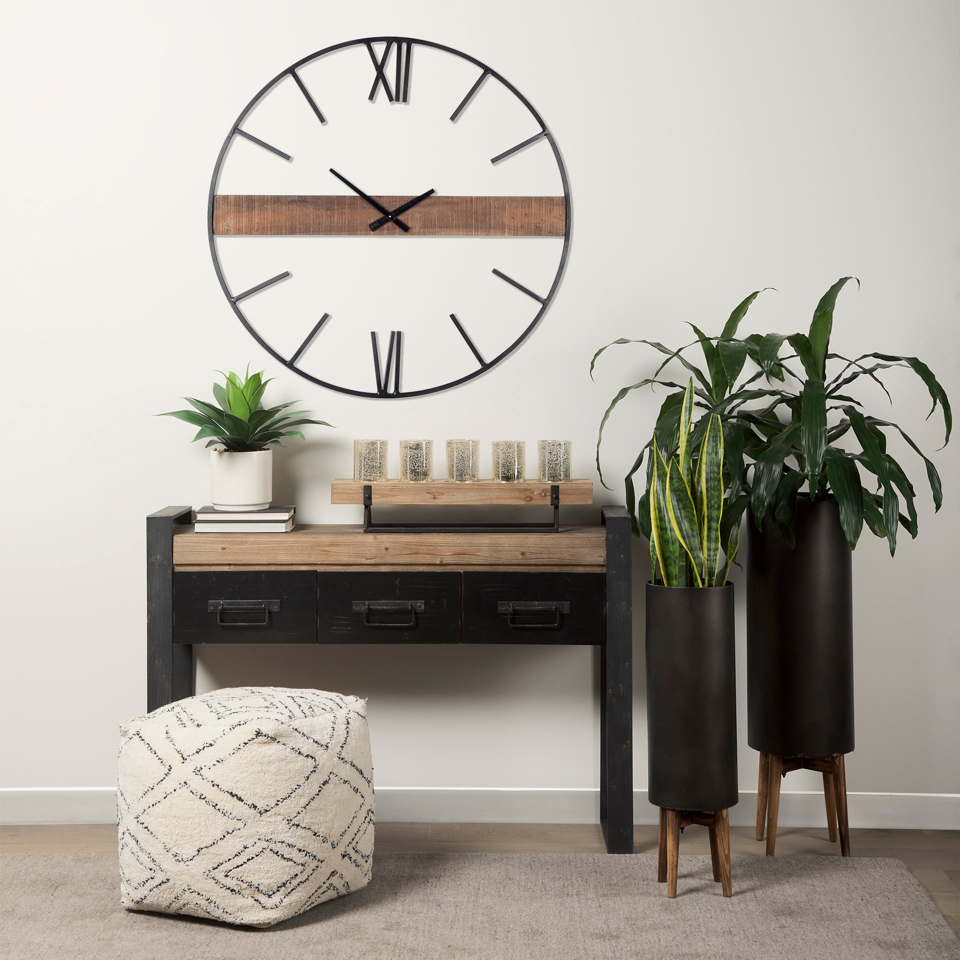 Roman Wall Clock Black Metal | Brown Wood | 36’’ - wall-clocks