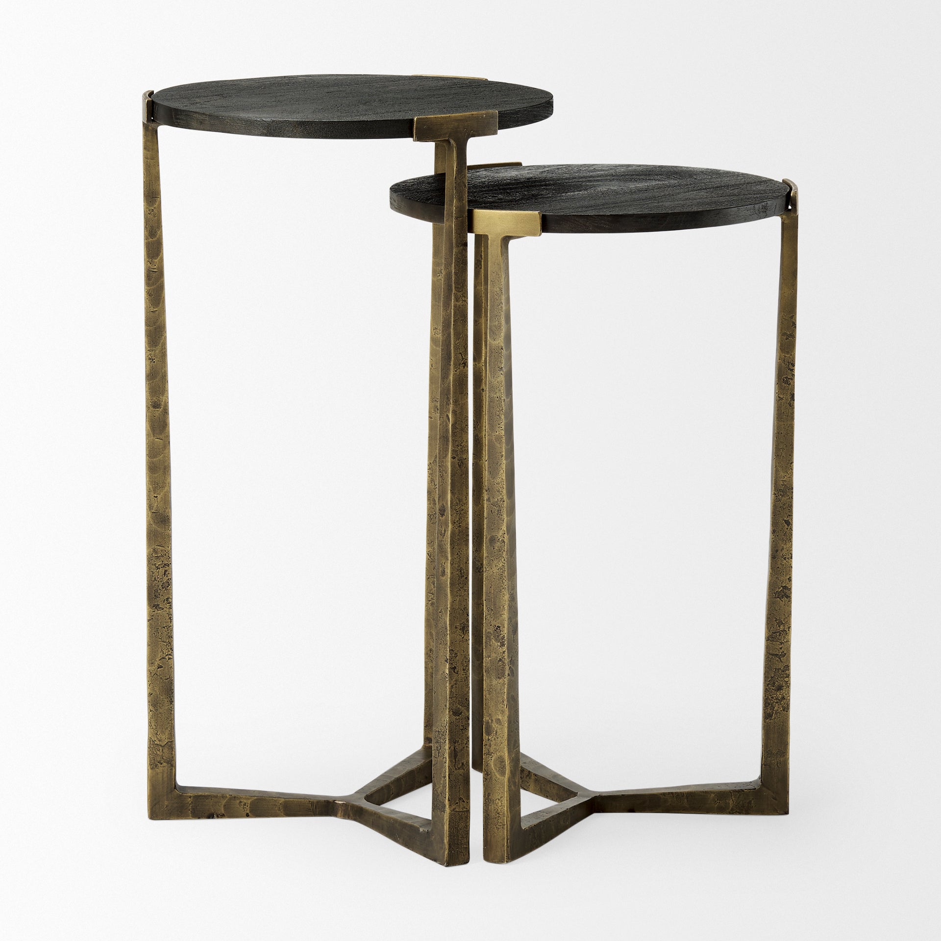 Atticus Accent Table Black Wood | Antiqued Gold Hammered Metal | Set of 2 Nesting - accent-tables