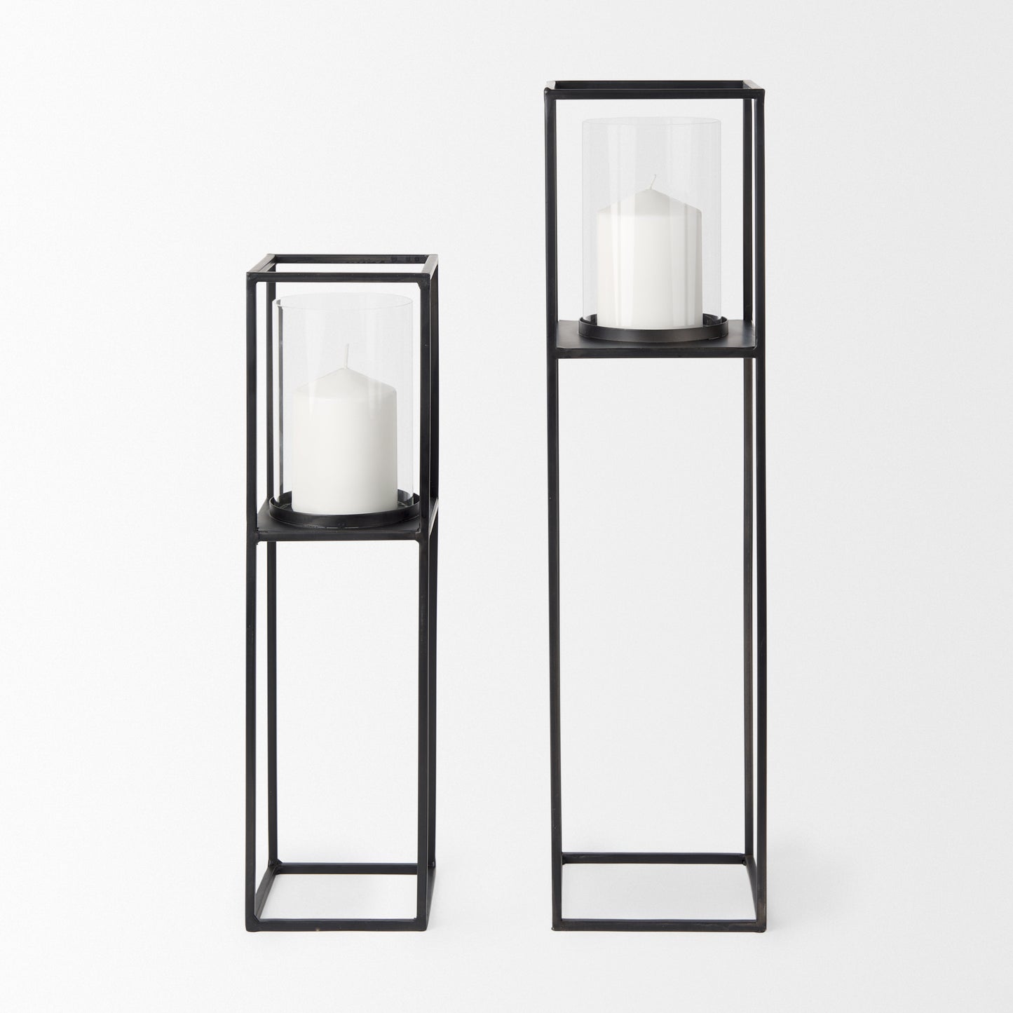 Cindy Set of 2 Matte Black Metal and Hurricane Glass Pillar Tabletop Candle Holders