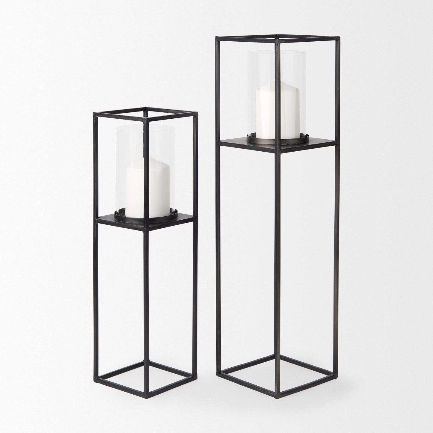 Cindy Set of 2 Matte Black Metal and Hurricane Glass Pillar Tabletop Candle Holders