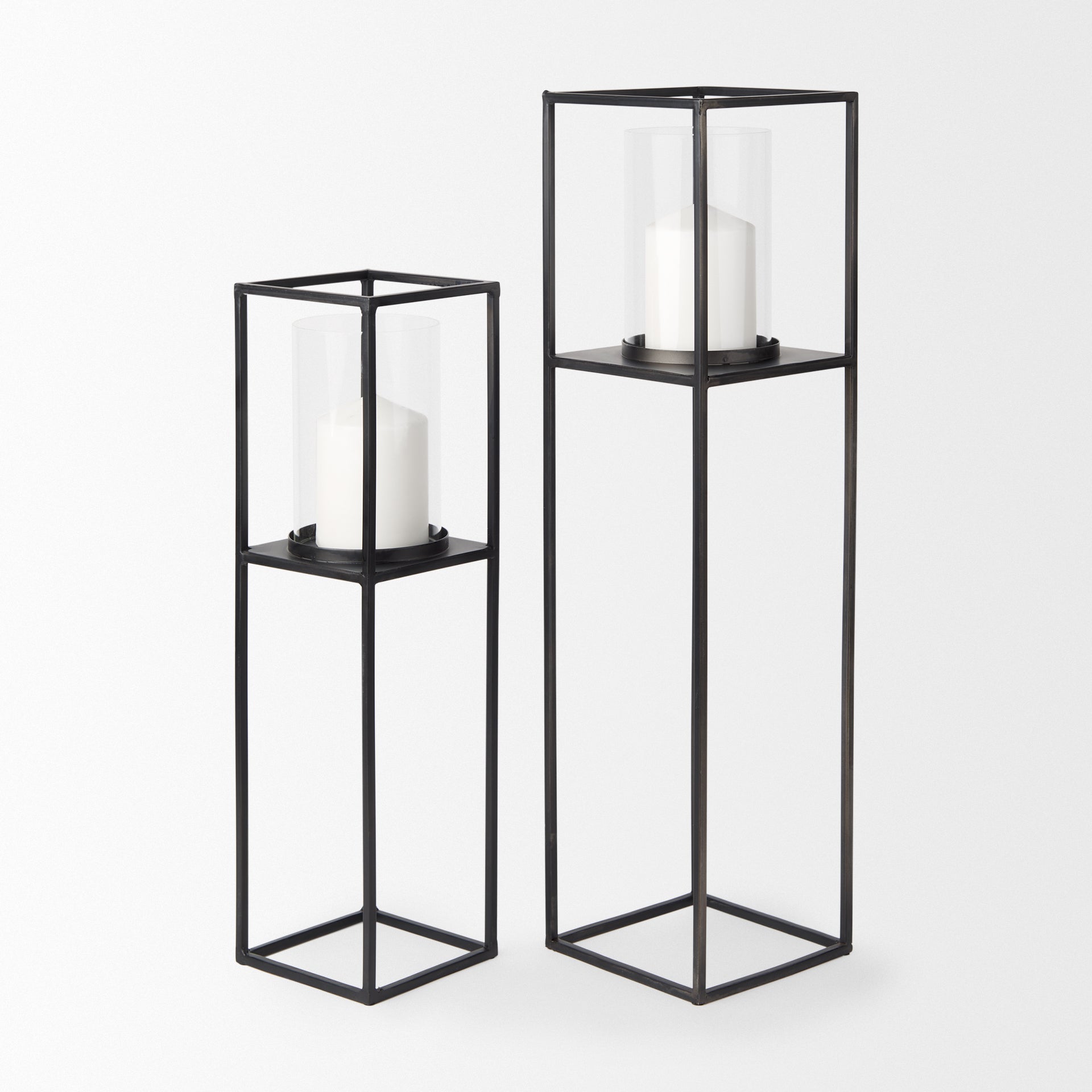 Cindy Set of 2 Matte Black Metal and Hurricane Glass Pillar Tabletop Candle Holders