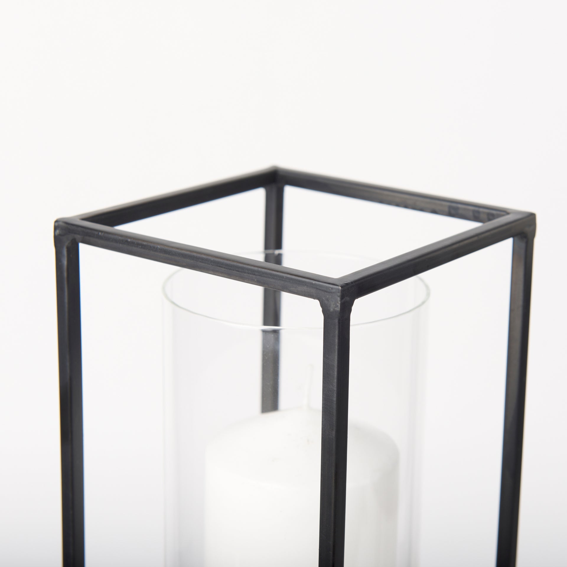 Cindy Set of 2 Matte Black Metal and Hurricane Glass Pillar Tabletop Candle Holders