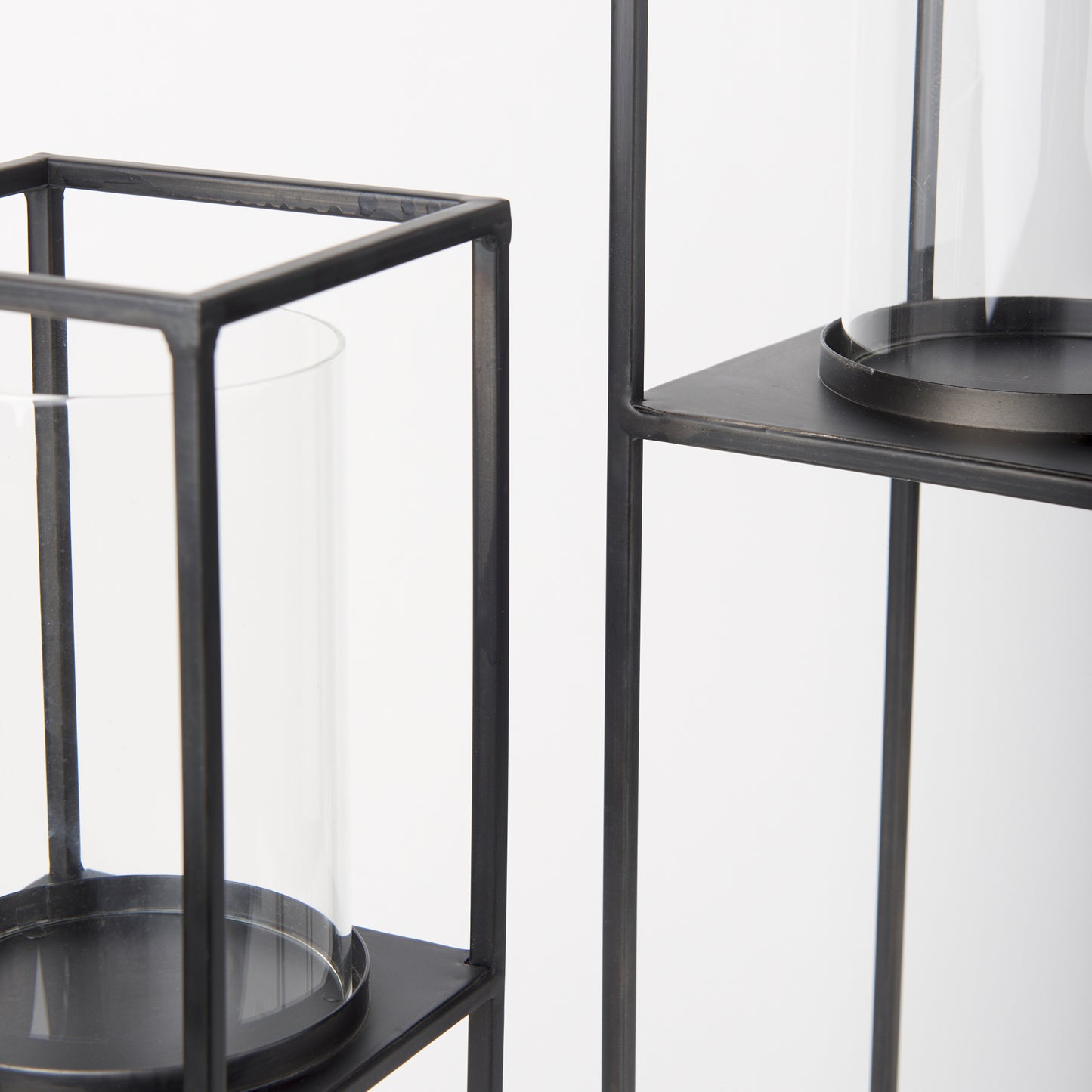 Cindy Set of 2 Matte Black Metal and Hurricane Glass Pillar Tabletop Candle Holders
