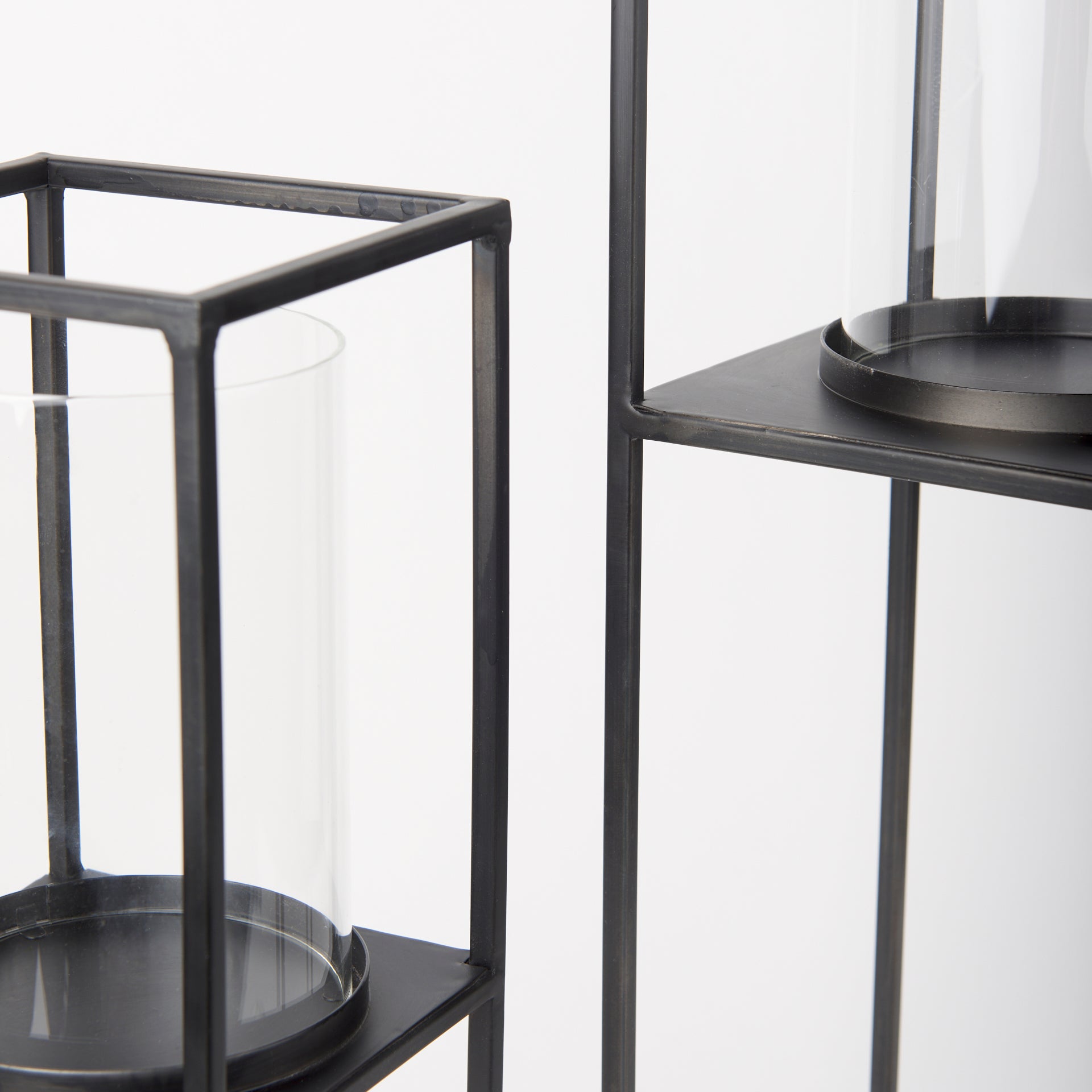 Cindy Set of 2 Matte Black Metal and Hurricane Glass Pillar Tabletop Candle Holders