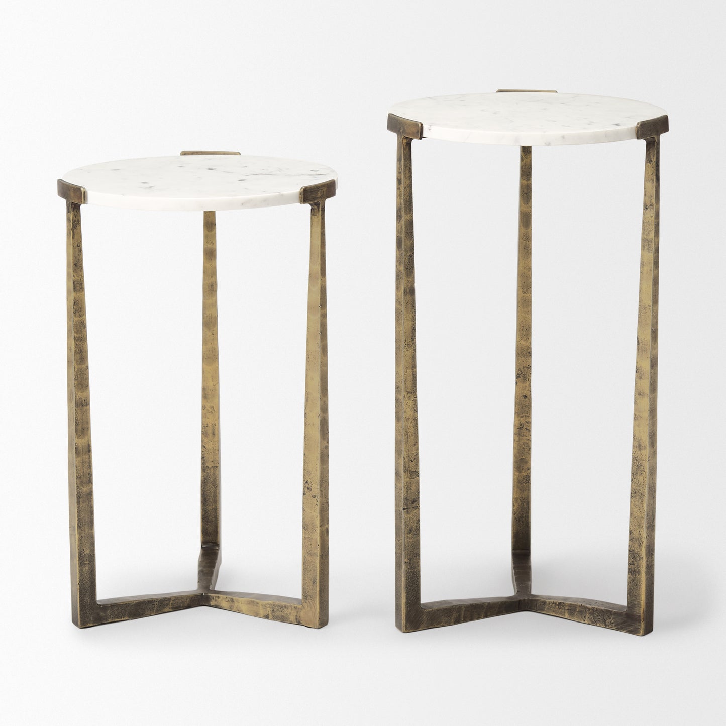 Atticus Accent Table White Marble | Antiqued Gold Hammered Metal | Set of 2 Nesting - accent-tables