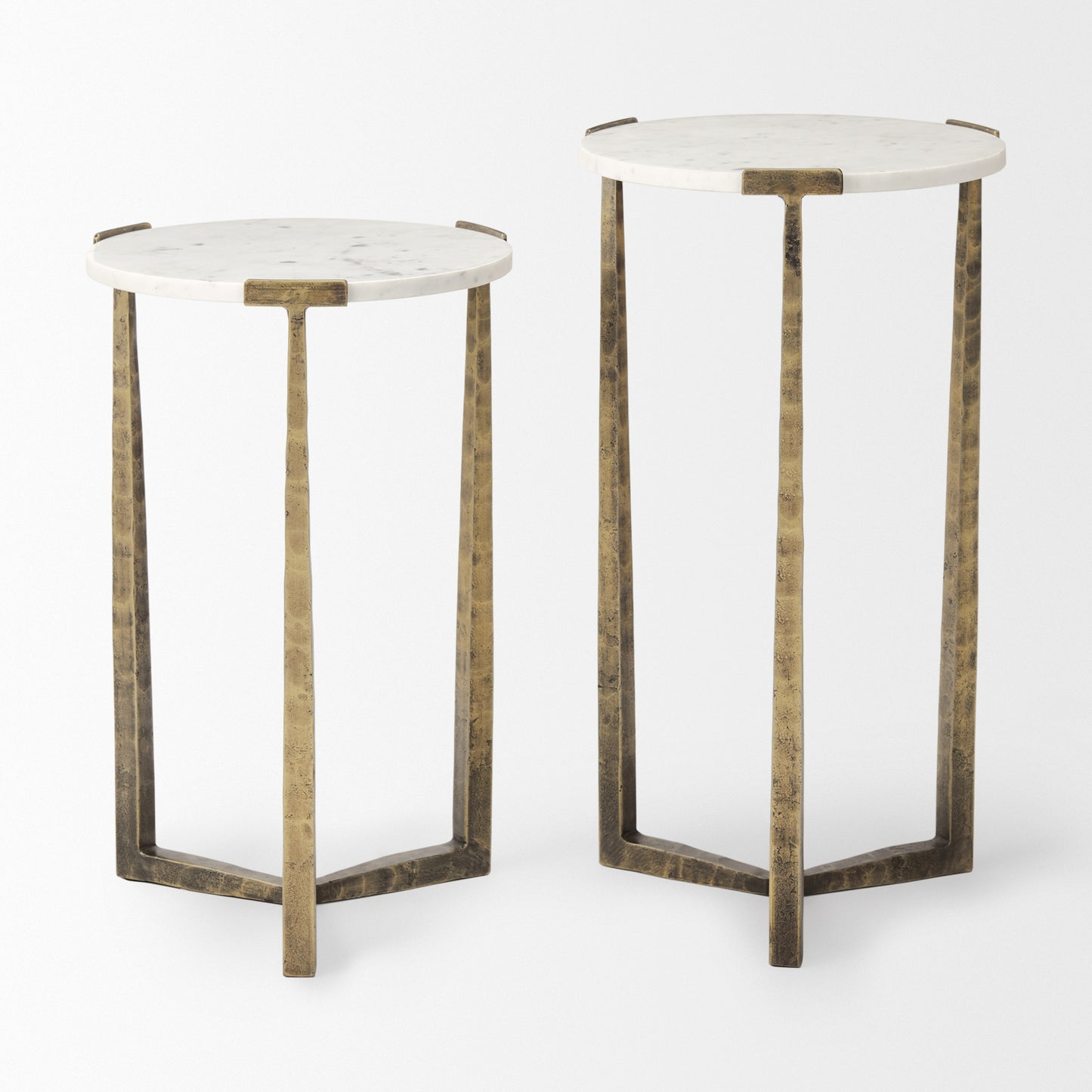 Atticus Accent Table White Marble | Antiqued Gold Hammered Metal | Set of 2 Nesting - accent-tables