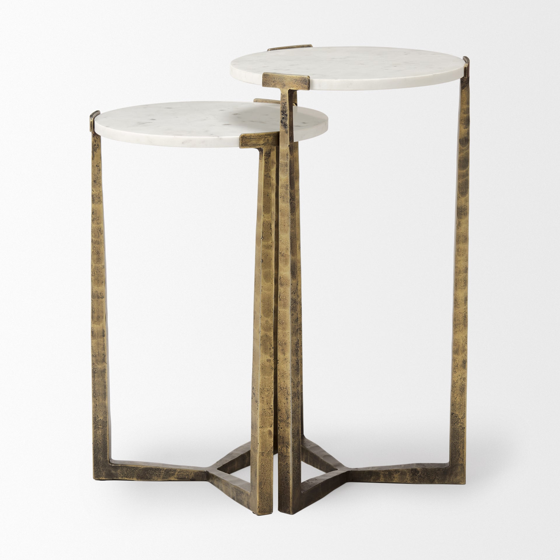 Atticus Accent Table White Marble | Antiqued Gold Hammered Metal | Set of 2 Nesting - accent-tables