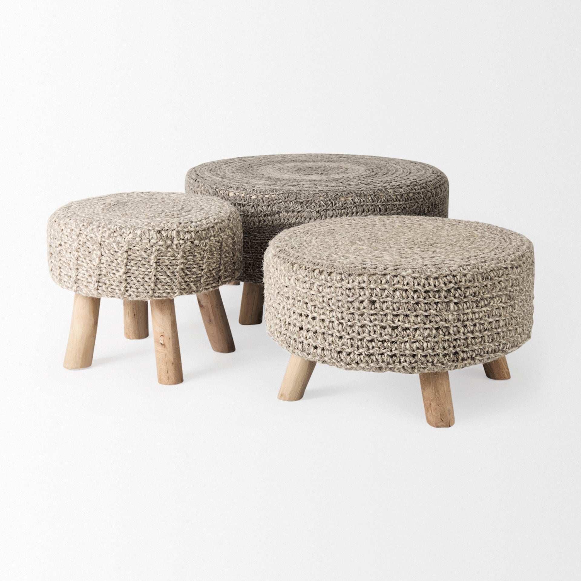 Bina Stool Taupe Wool | Brown Wood | 24L - ottoman-and-poufs