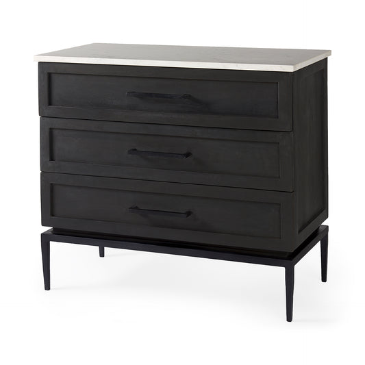 Divina Black-Brown Wood w/ White Marble Top and Black Metal Base Accent Cabinet