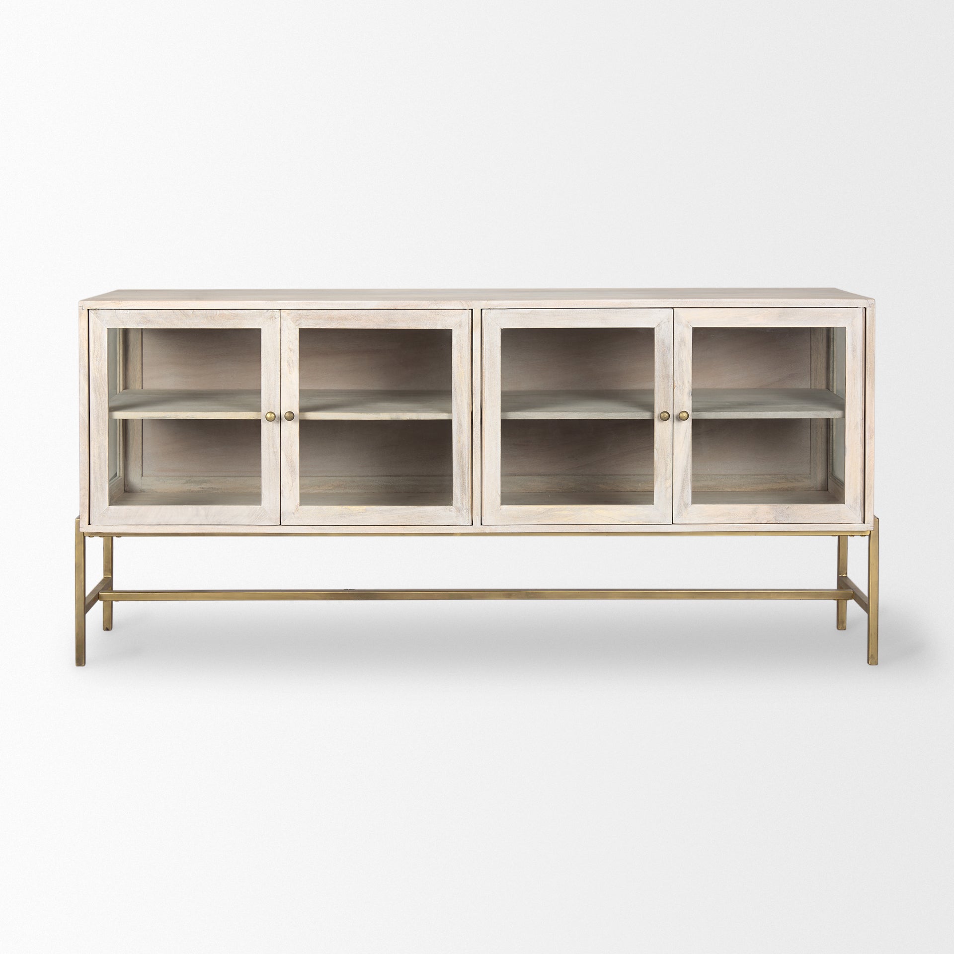 Arelius 70L x 18.75W x 32H White Wood W/ Gold Metal Base 4 Door Glass Cabinet Sideboard
