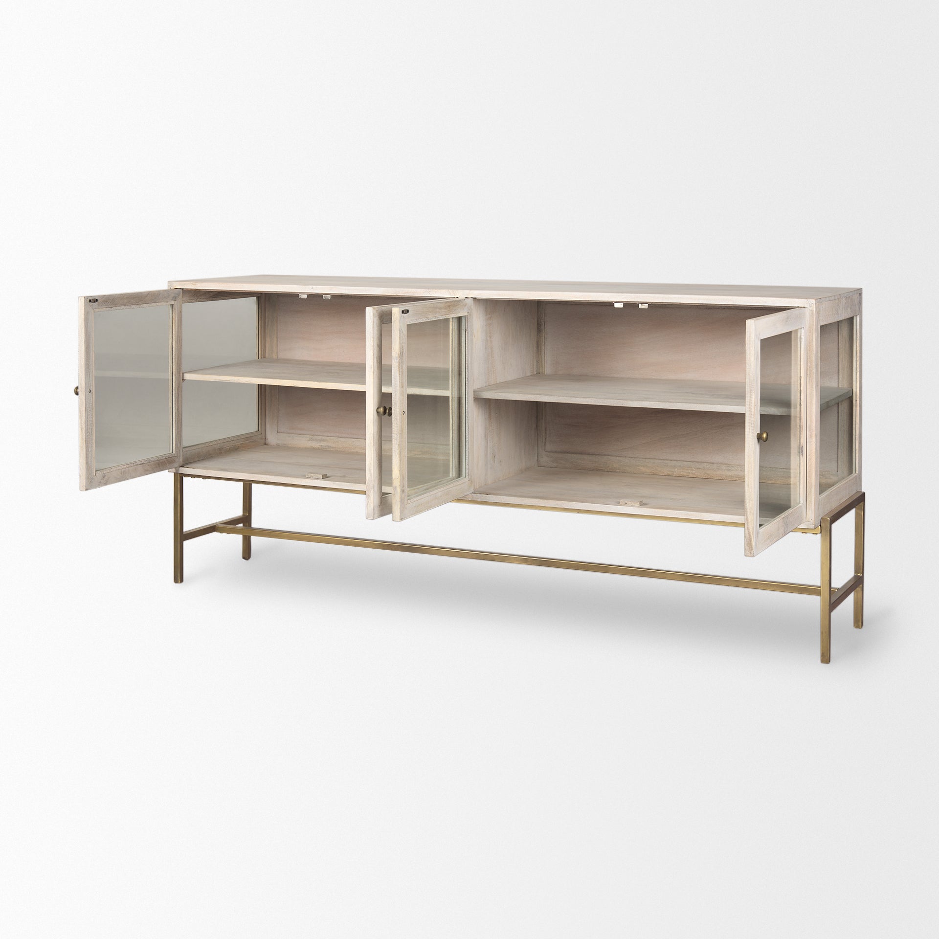 Arelius 70L x 18.75W x 32H White Wood W/ Gold Metal Base 4 Door Glass Cabinet Sideboard