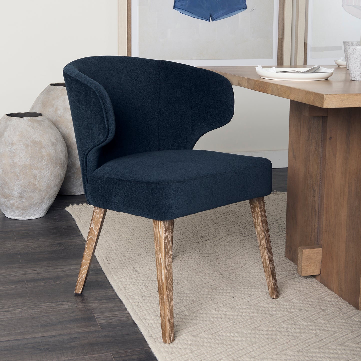 Niles 20" Seat Height Navy Fabric Seat W/ Medium Brown Wooden Legs Wingback Dining Chair