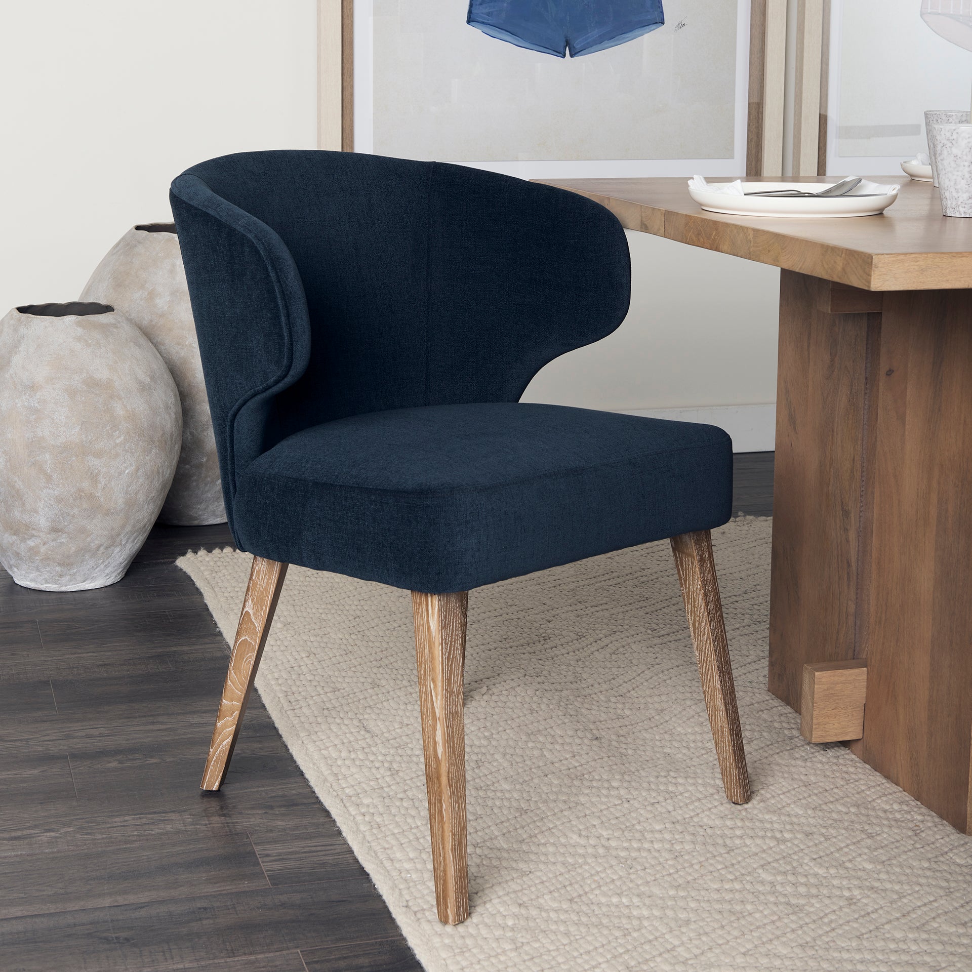 Niles 20" Seat Height Navy Fabric Seat W/ Medium Brown Wooden Legs Wingback Dining Chair