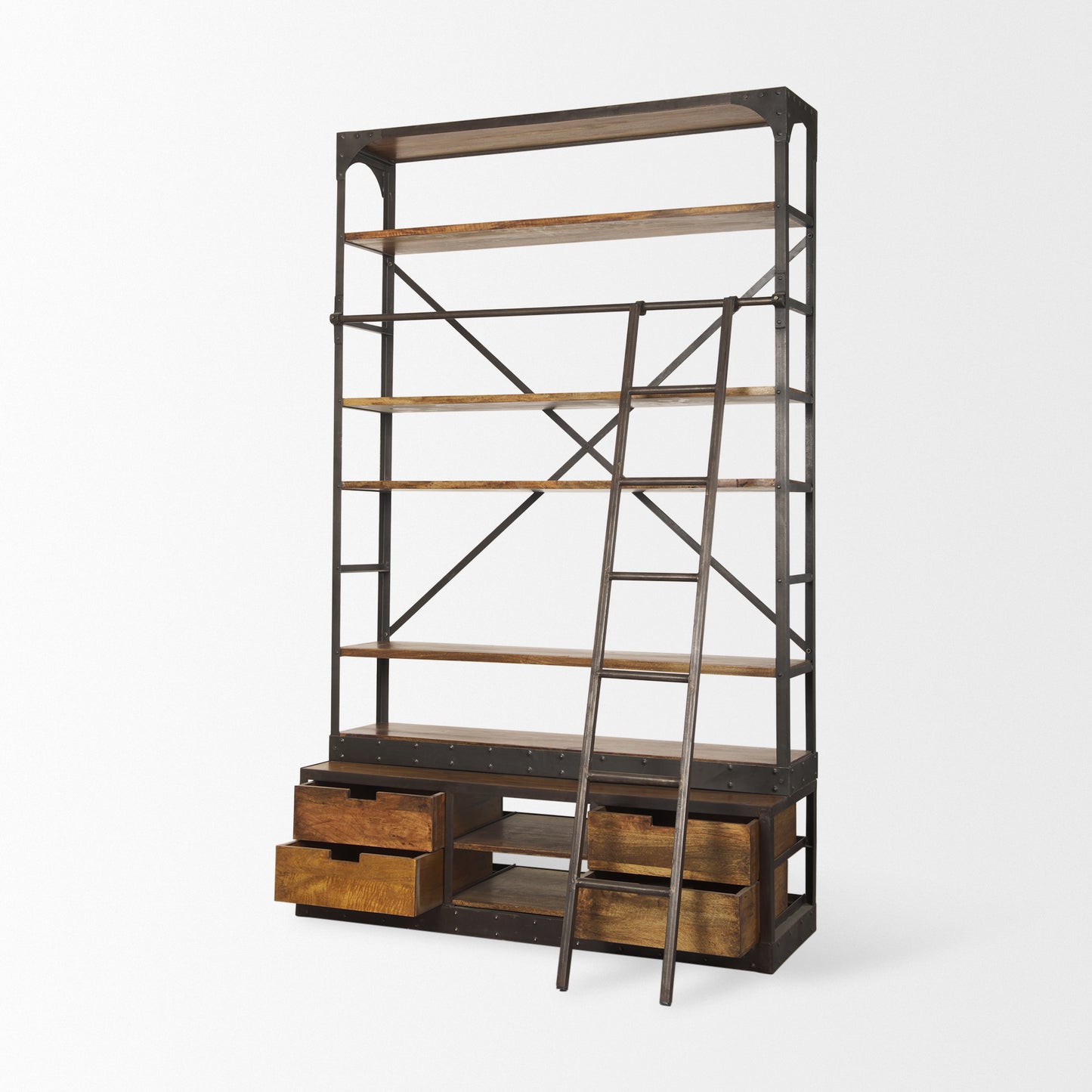 Brodie II Medium Brown Wood Black Ladder Four Shelf Shelving Unit 57L x 20.5W x94H