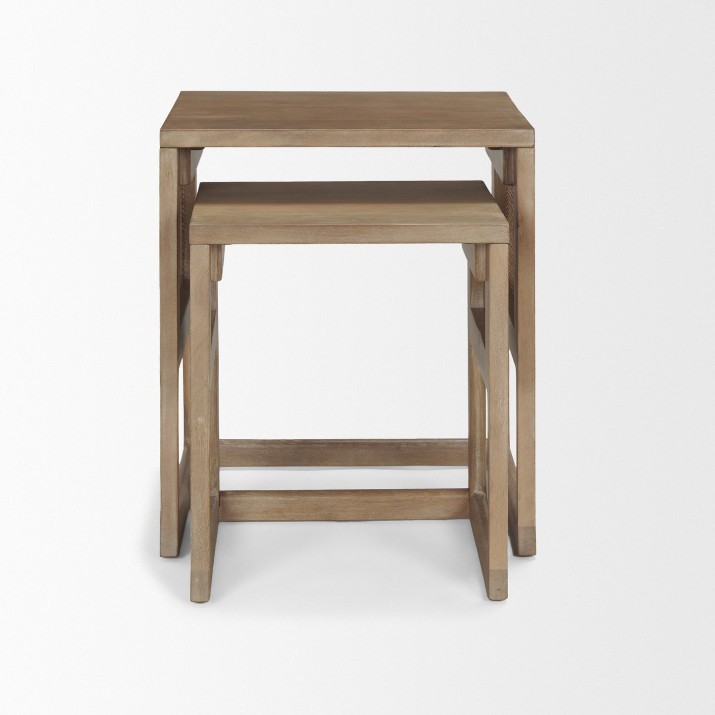 Grier Set of 2 Light Brown Solid Wood w/ Cane Nesting Accent Tables