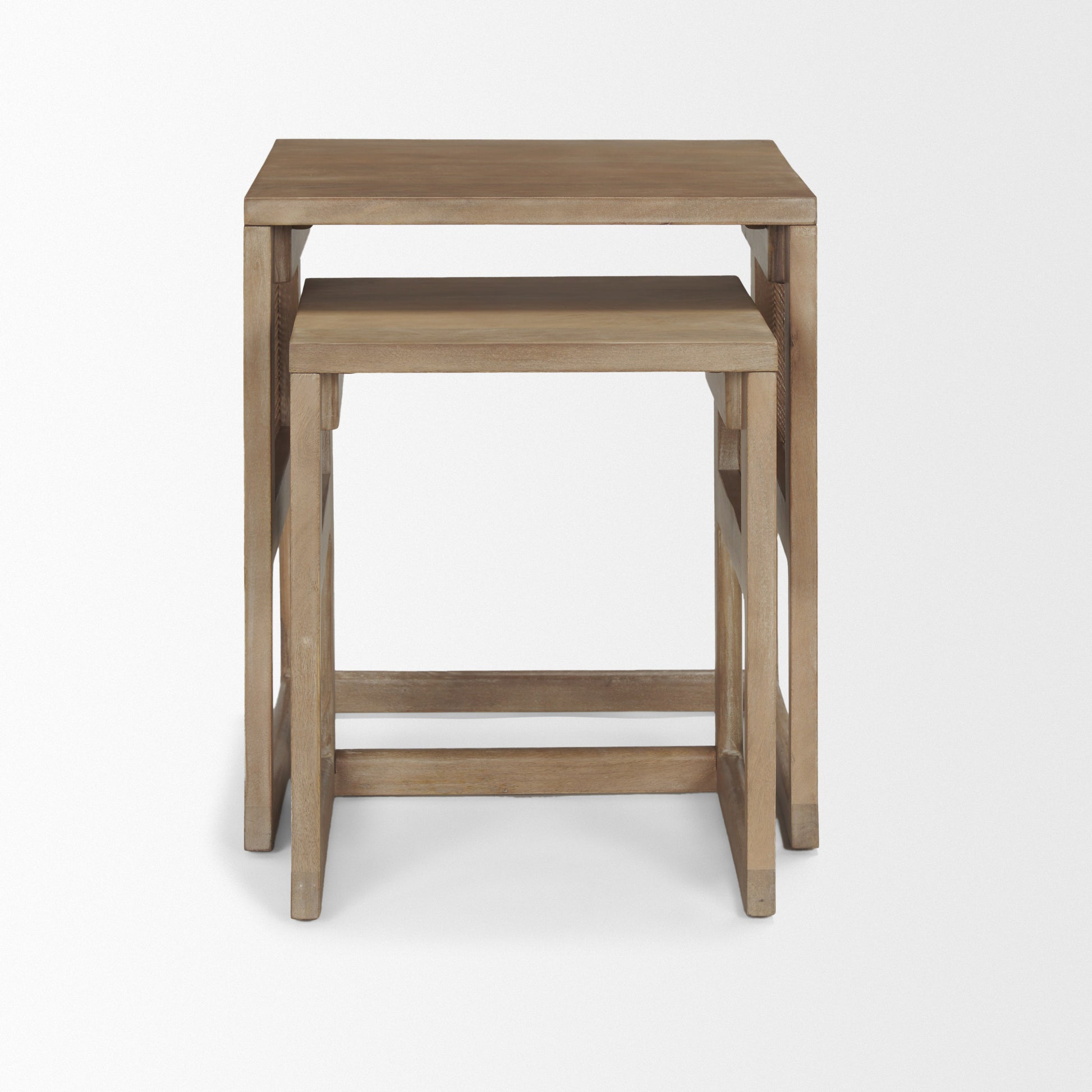Grier Set of 2 Light Brown Solid Wood w/ Cane Nesting Accent Tables