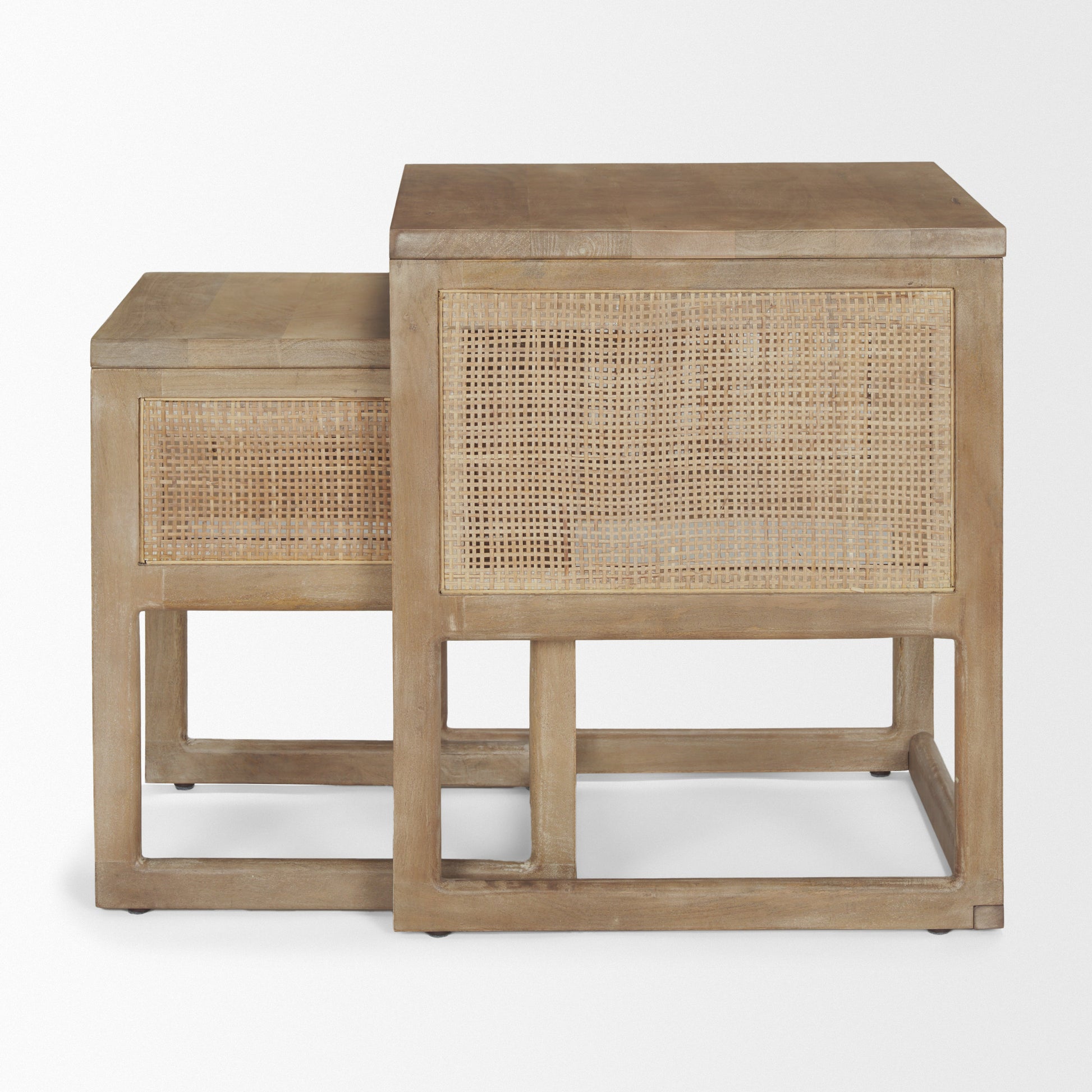 Grier Set of 2 Light Brown Solid Wood w/ Cane Nesting Accent Tables