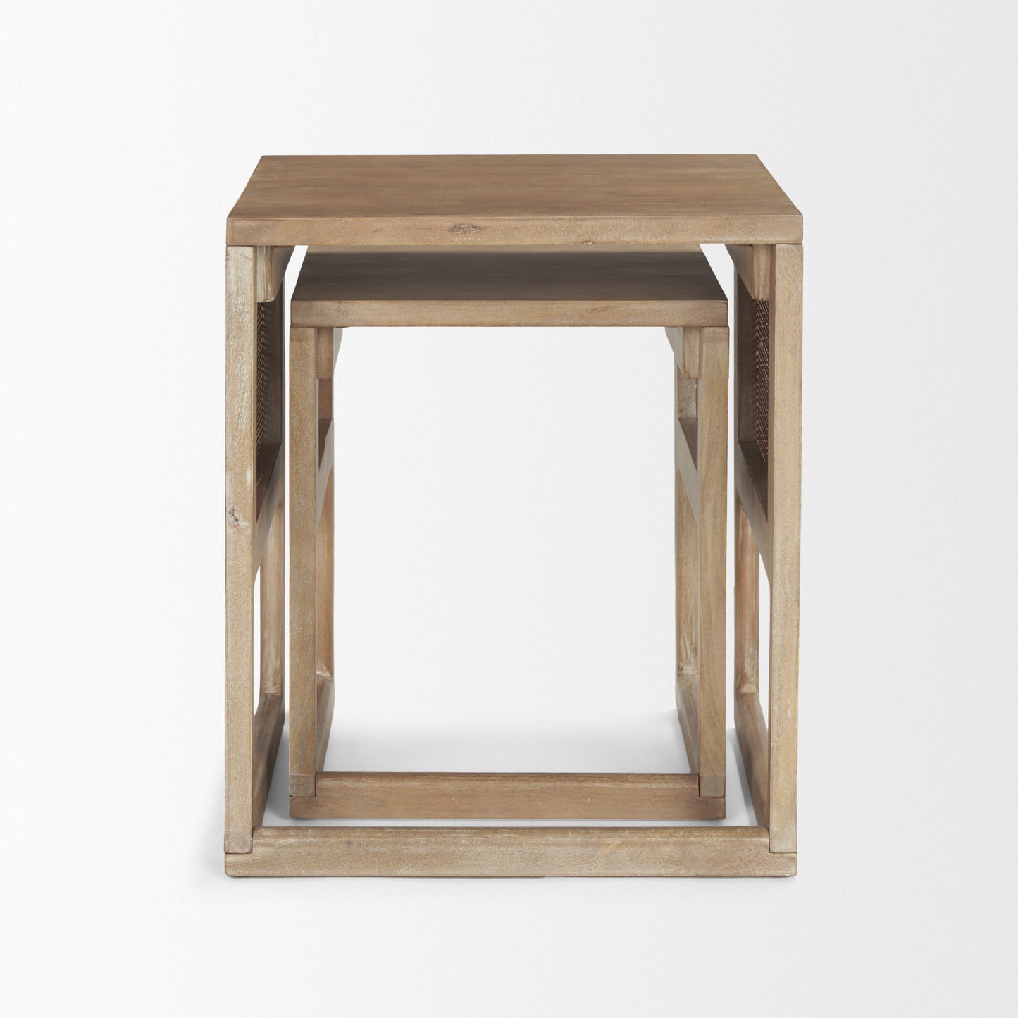 Grier Set of 2 Light Brown Solid Wood w/ Cane Nesting Accent Tables