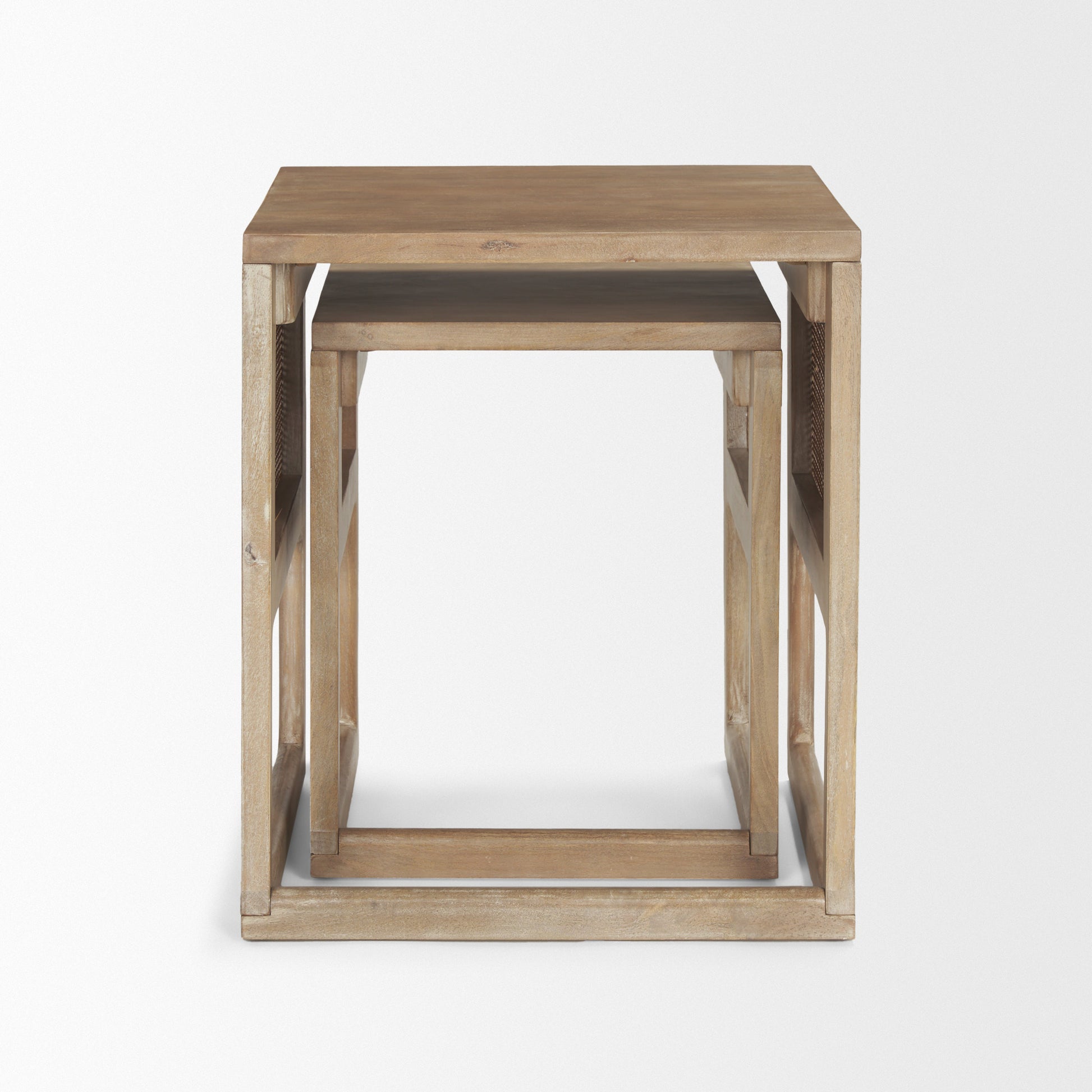 Grier Set of 2 Light Brown Solid Wood w/ Cane Nesting Accent Tables