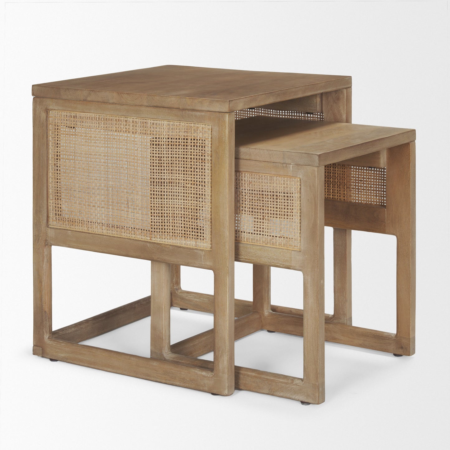 Grier Set of 2 Light Brown Solid Wood w/ Cane Nesting Accent Tables