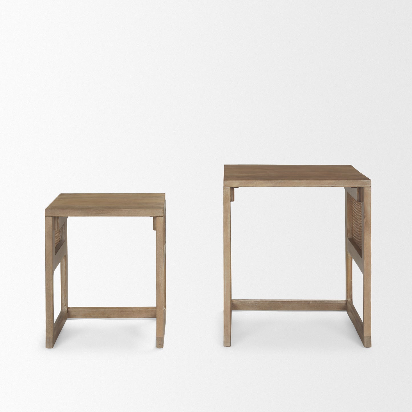 Grier Set of 2 Light Brown Solid Wood w/ Cane Nesting Accent Tables