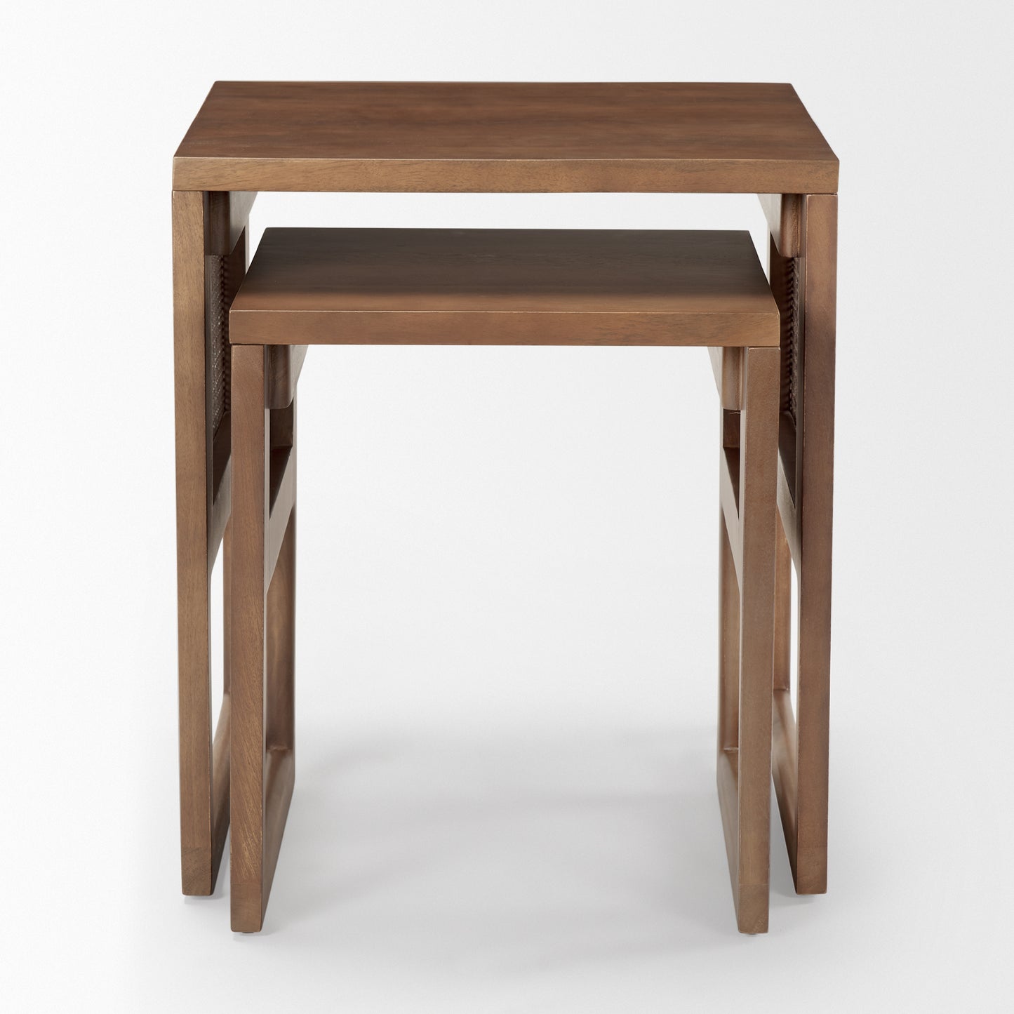 Grier Set of 2 Medium Brown Solid Wood w/ Cane Nesting Accent Tables