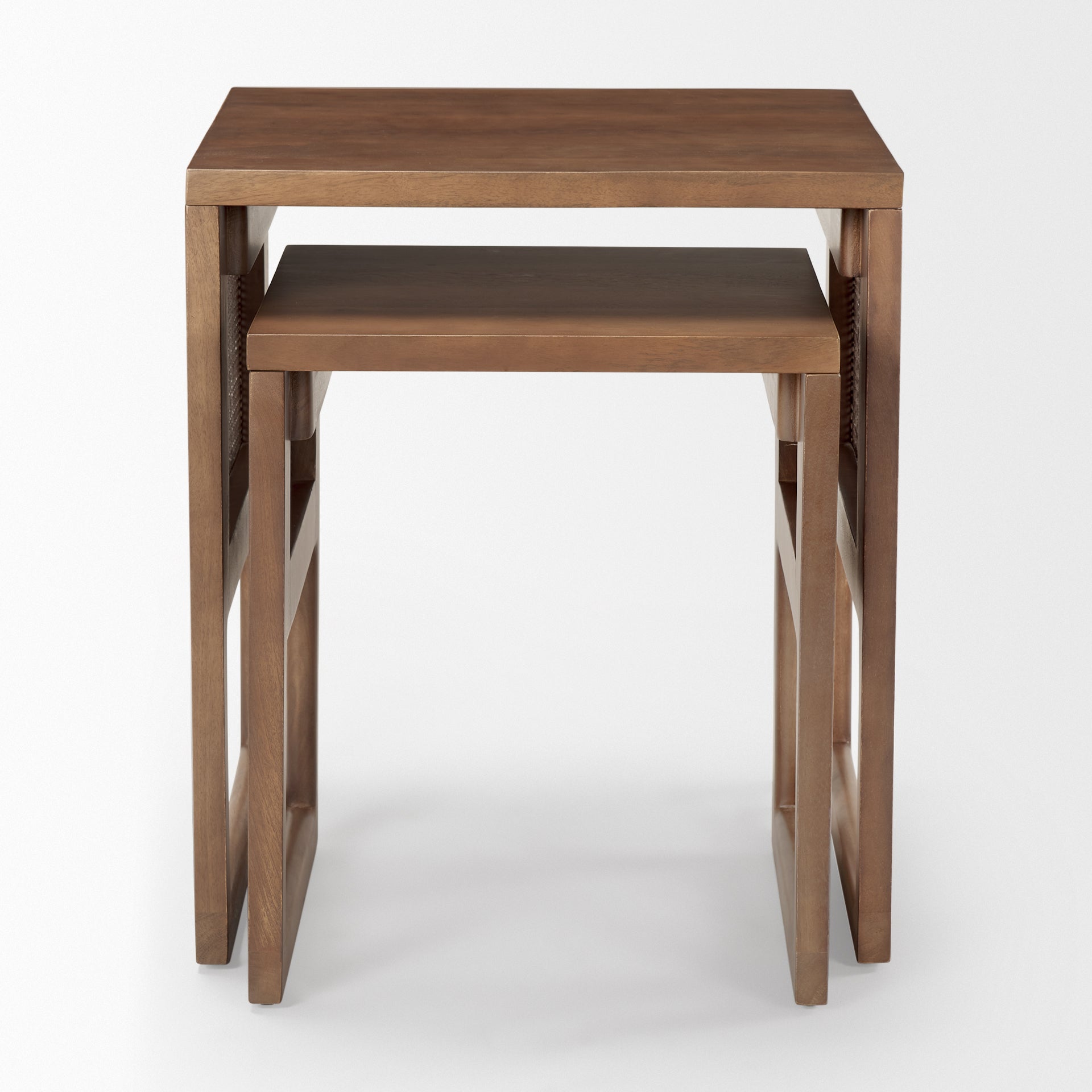 Grier Set of 2 Medium Brown Solid Wood w/ Cane Nesting Accent Tables