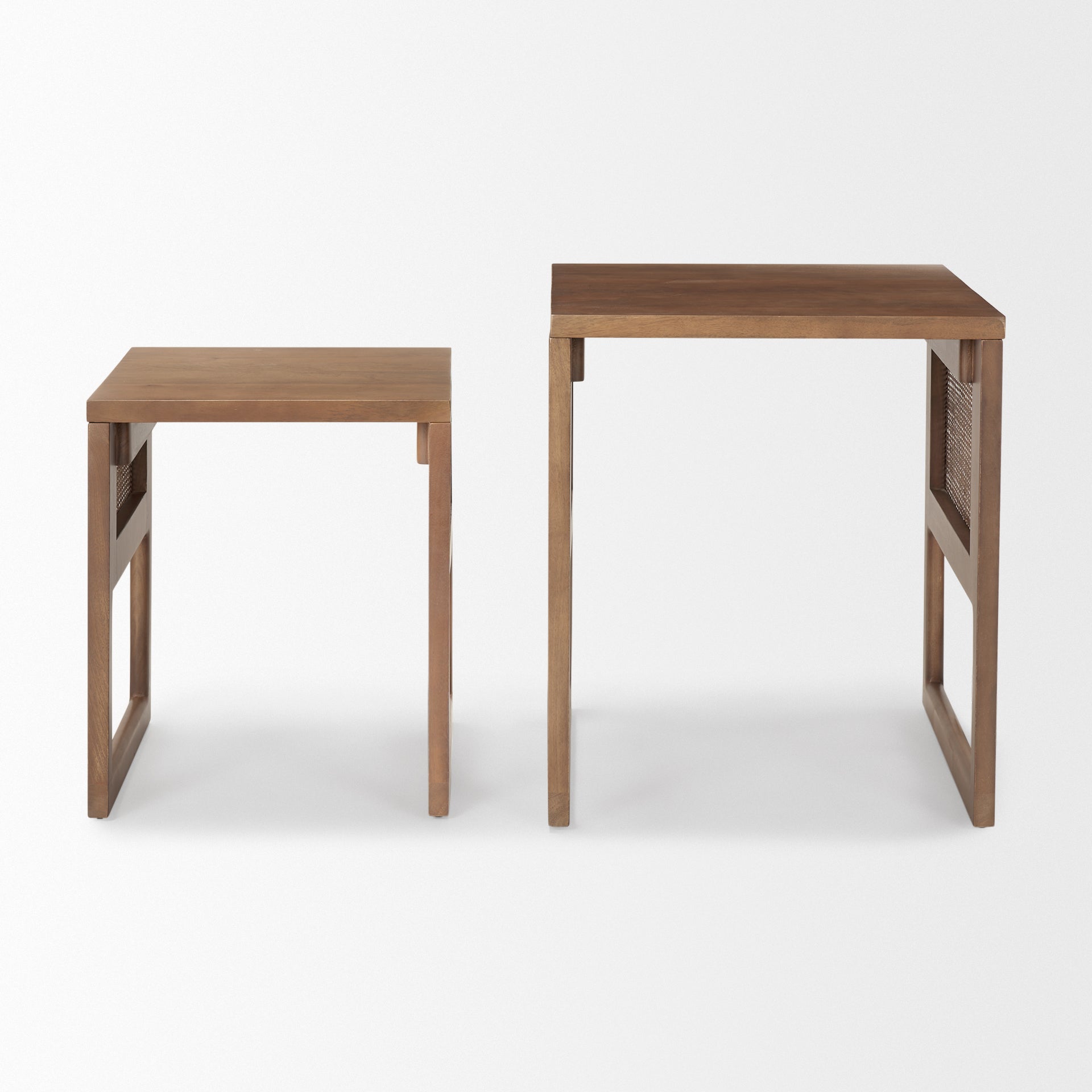 Grier Set of 2 Medium Brown Solid Wood w/ Cane Nesting Accent Tables