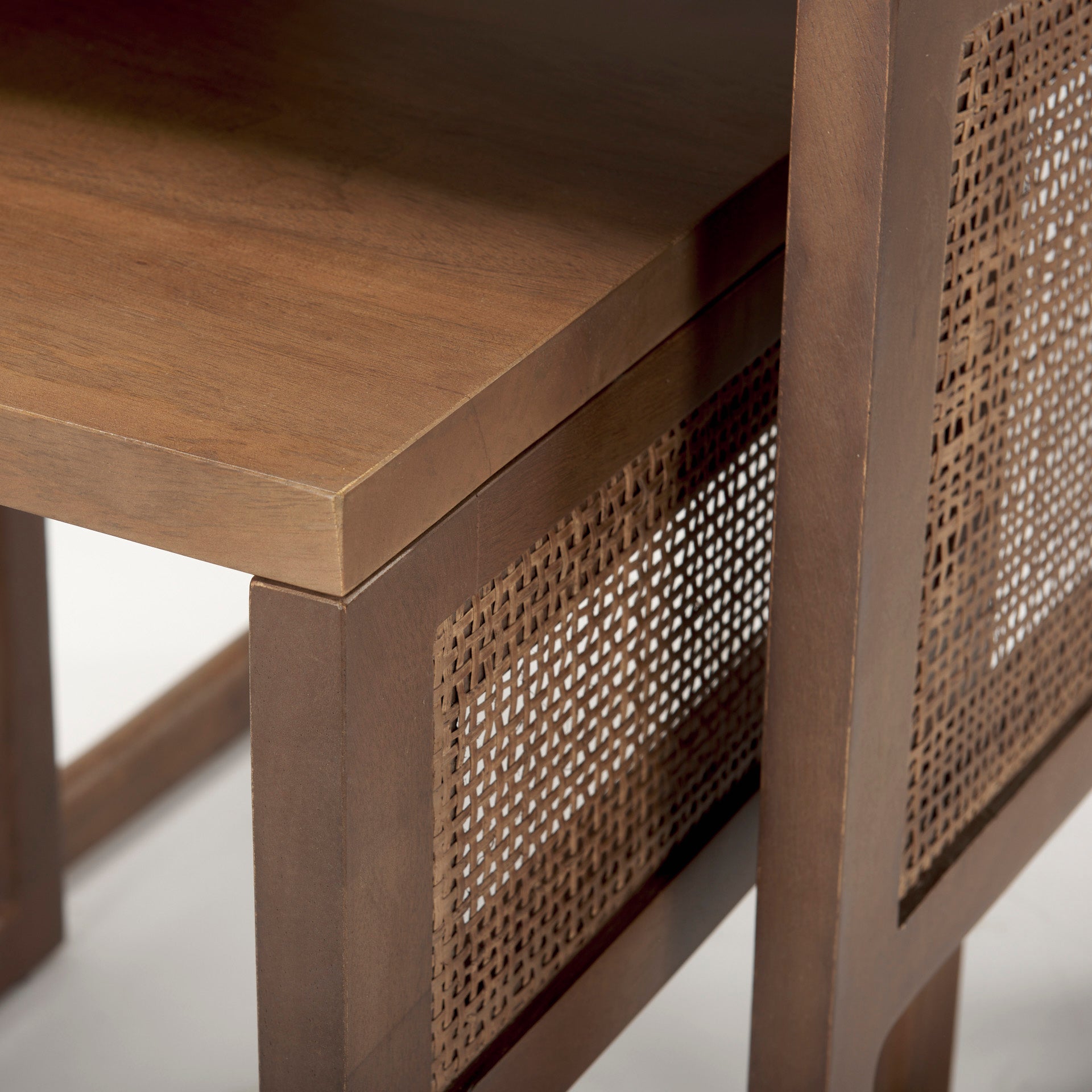 Grier Set of 2 Medium Brown Solid Wood w/ Cane Nesting Accent Tables