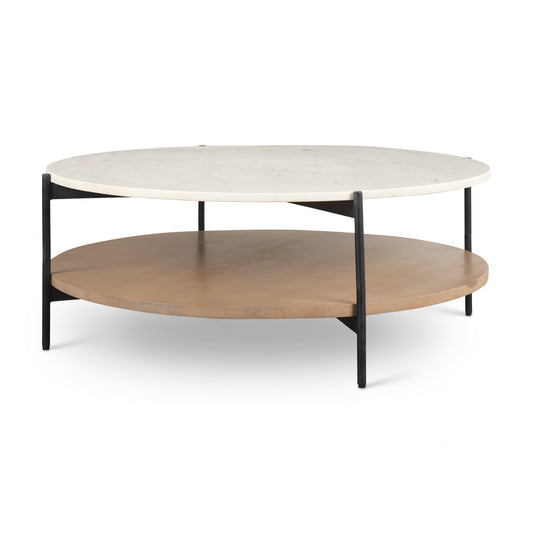 Larkin Marble Top w/ Brown Wood Shelf Round Coffee Table