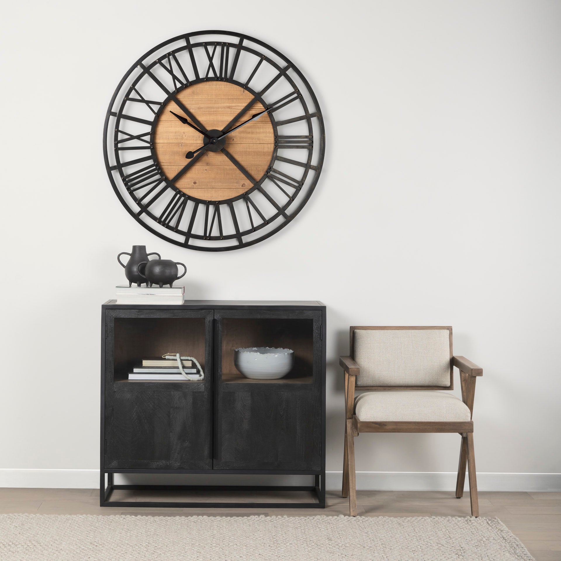 Lewiston 42.1L x 2.6W x 42.1H Black Iron W/Wood Round Wall Clock