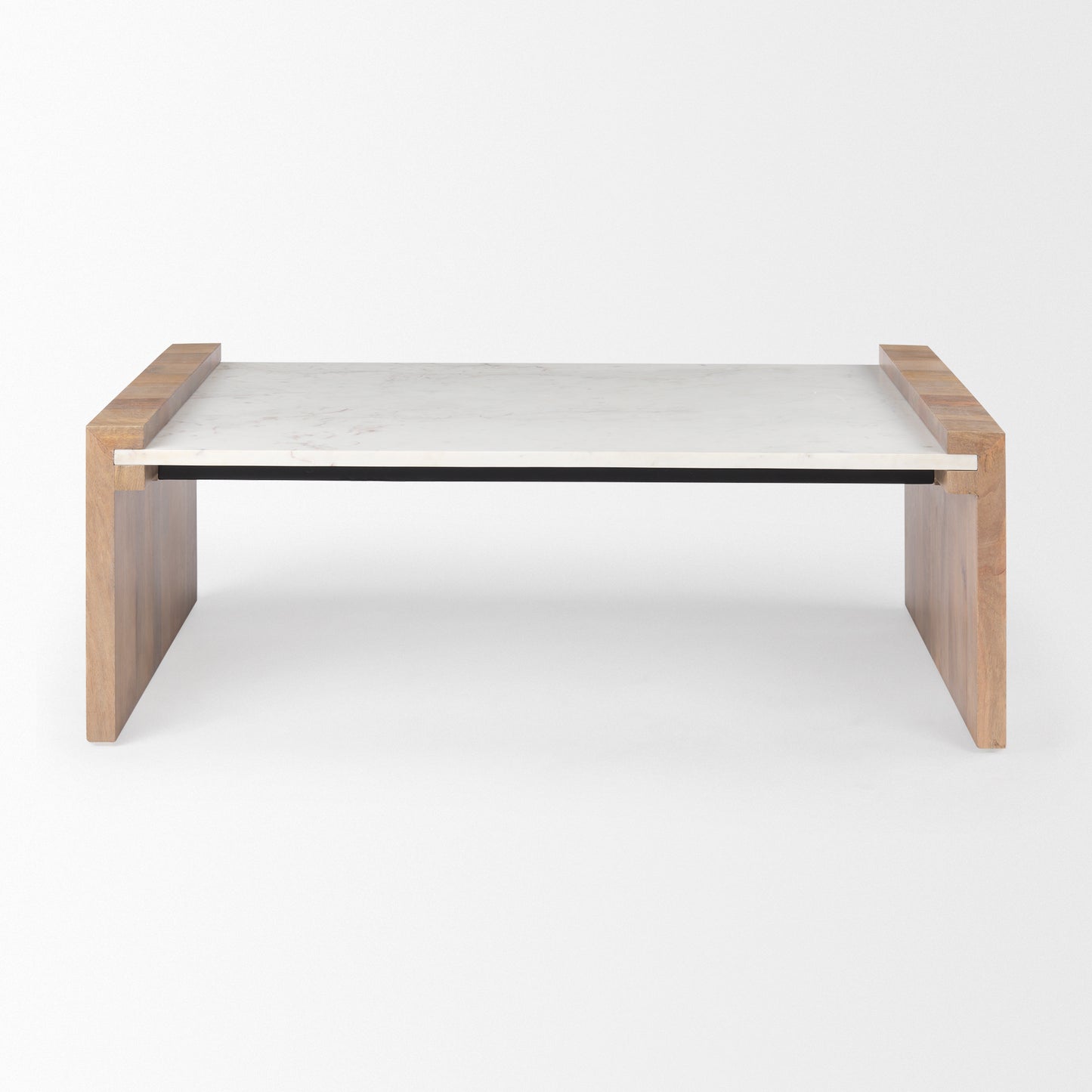 Athens  48.0L x 28.0W x 16.0H Light Brown Wood and White Marble Coffee Table