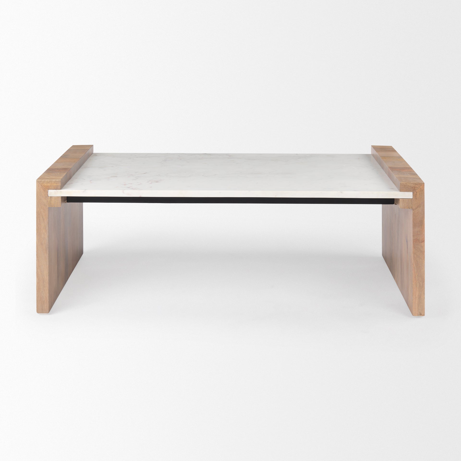 Athens  48.0L x 28.0W x 16.0H Light Brown Wood and White Marble Coffee Table