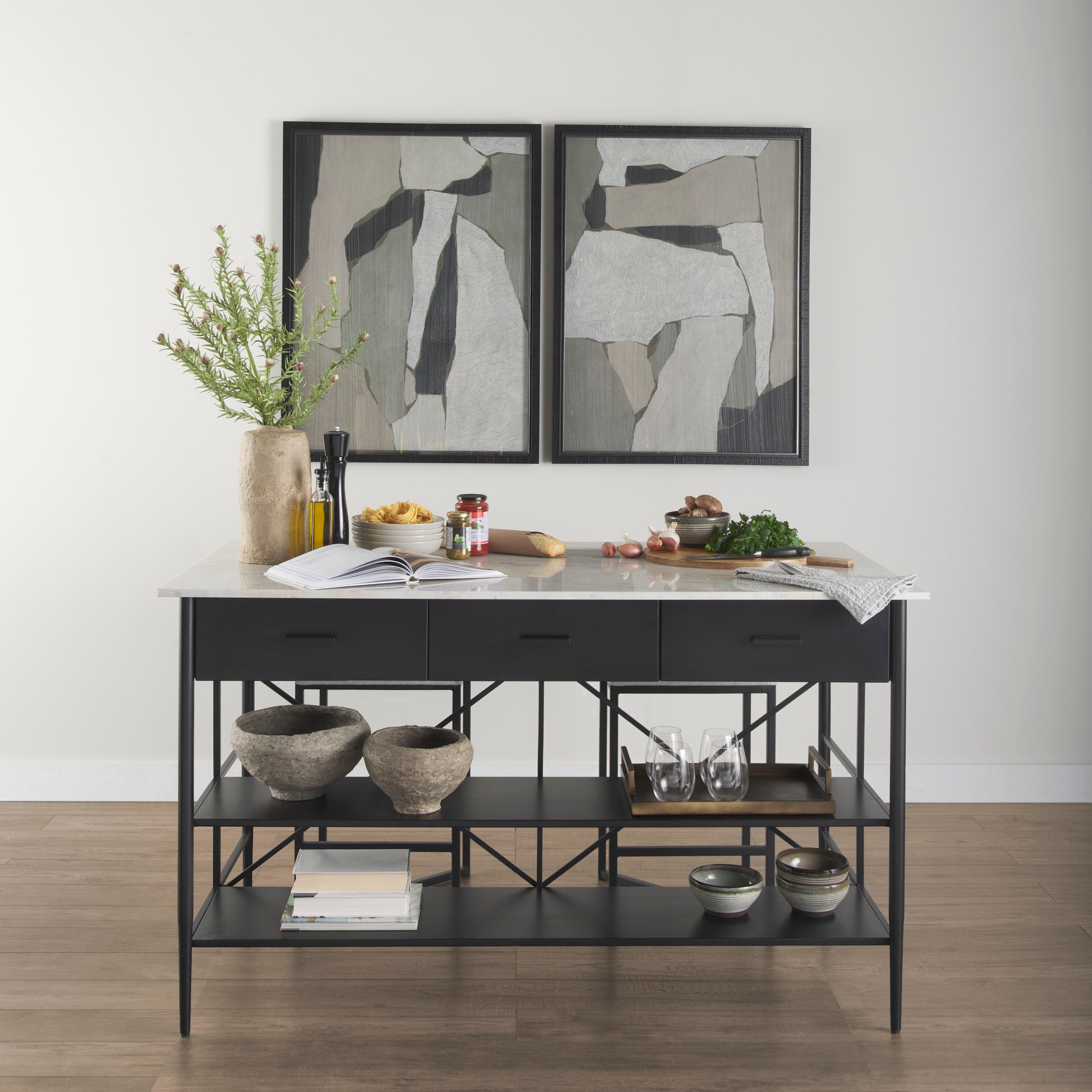 Amika Kitchen Island Black Metal | White Marble - kitchen-islands