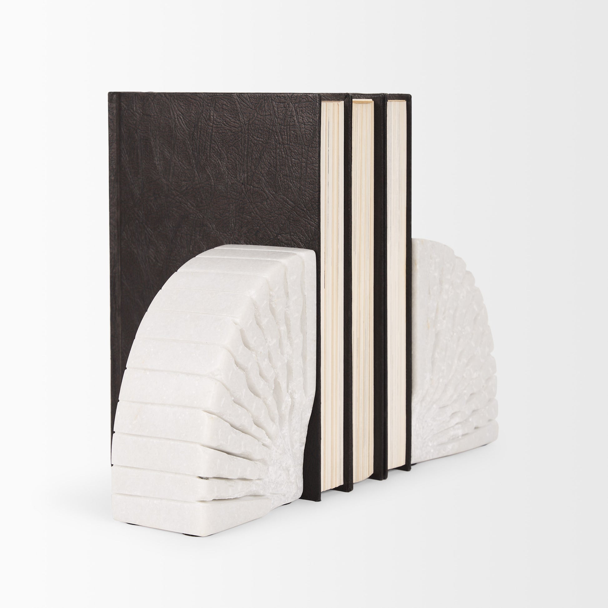 Stept White Marble Bookends w/rough carving (set of 2)