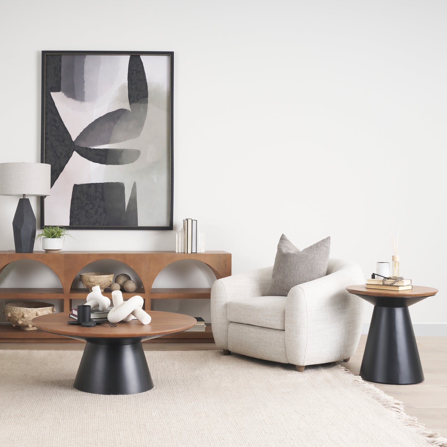 Mitchell 22.0L x 22.0W x 23.0H Black Metal Pedetal Base with Brown Wood Top Side Table