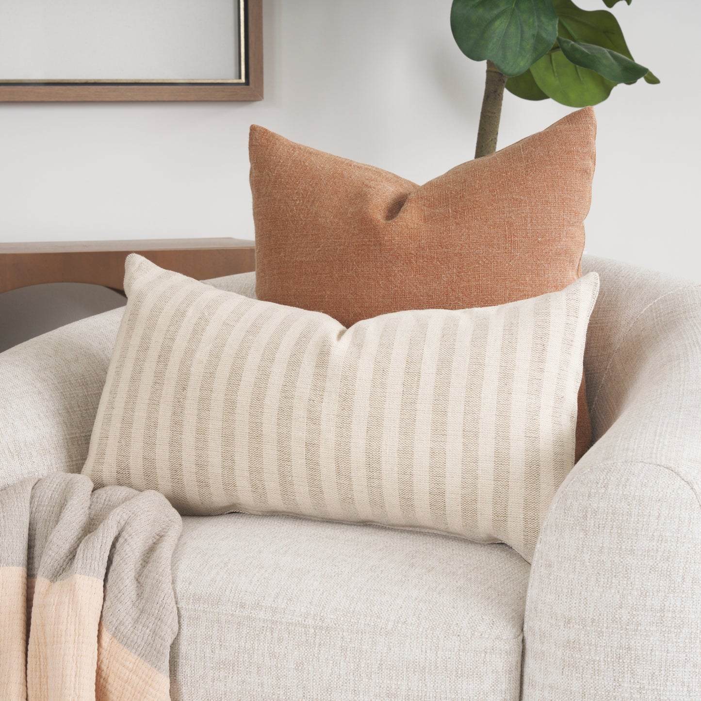 Jace 16x28 Cream w/ Beige Stripe Lumbar Decorative Pillow Cover