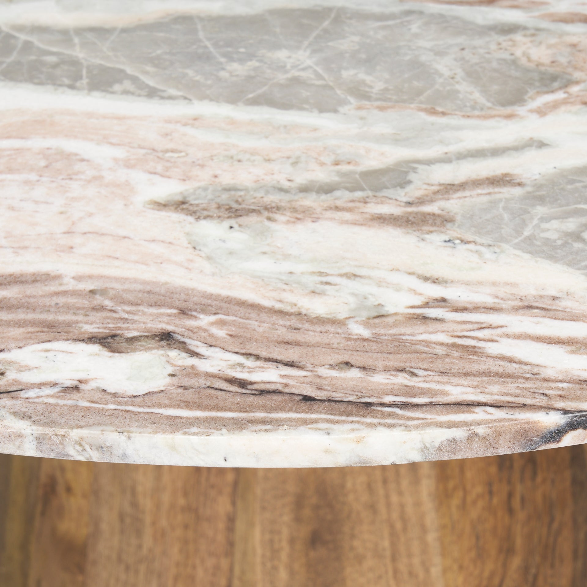 Allyson 42" Round Brown Wood Pedestal w/Savar Pink Marble Top Dining Table
