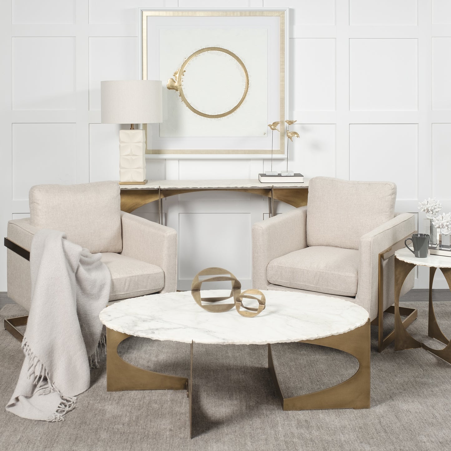 Reinhold Round Coffee Table White Marble | Gold Metal | Round - coffee-tables