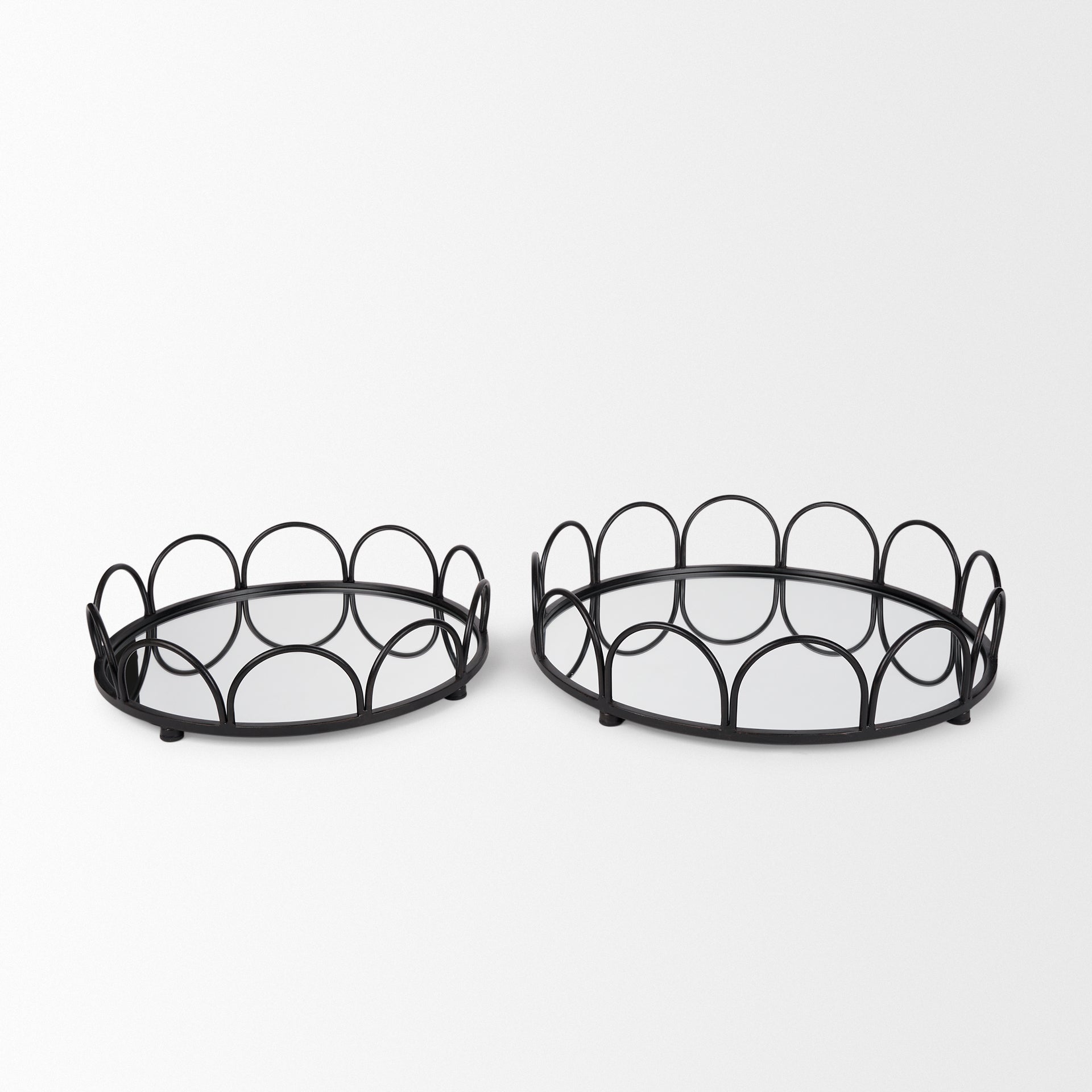 Lenore Round Metal/Mirror Tray Black (Set of 2)