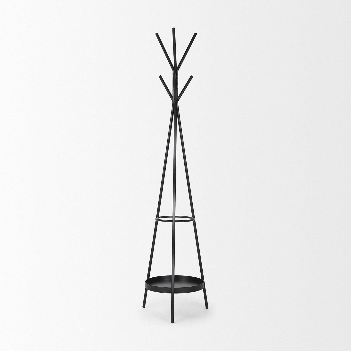 Everett Matte Black Metal w/ Two Metal Shelves Coat Rack