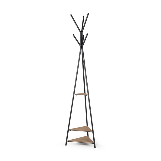 Everett Matte Black Metal w/ Two Wood Shelves Coat Rack